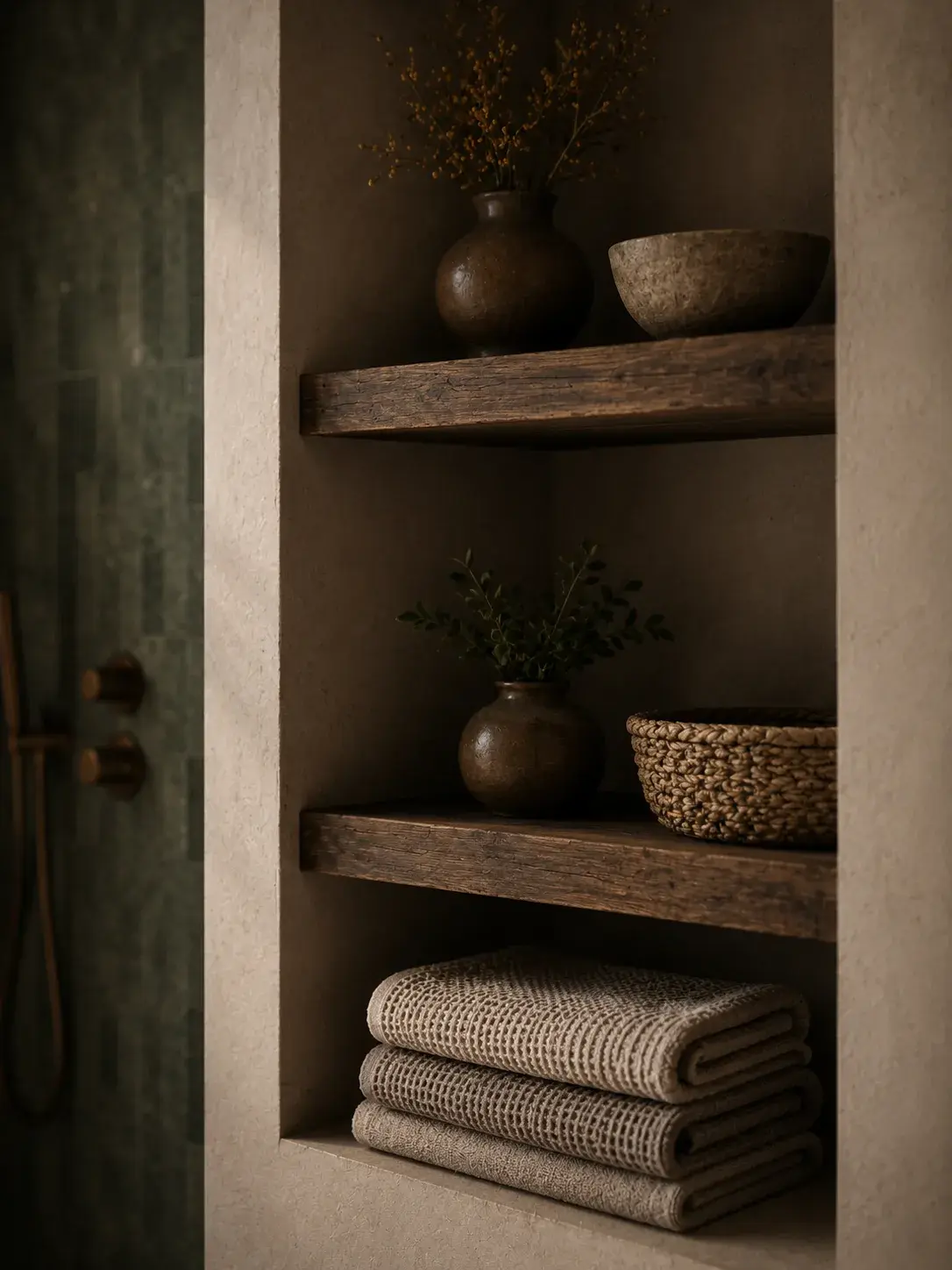 Étagère de salle de bain, serviettes pliées et accessoires rangés en niche