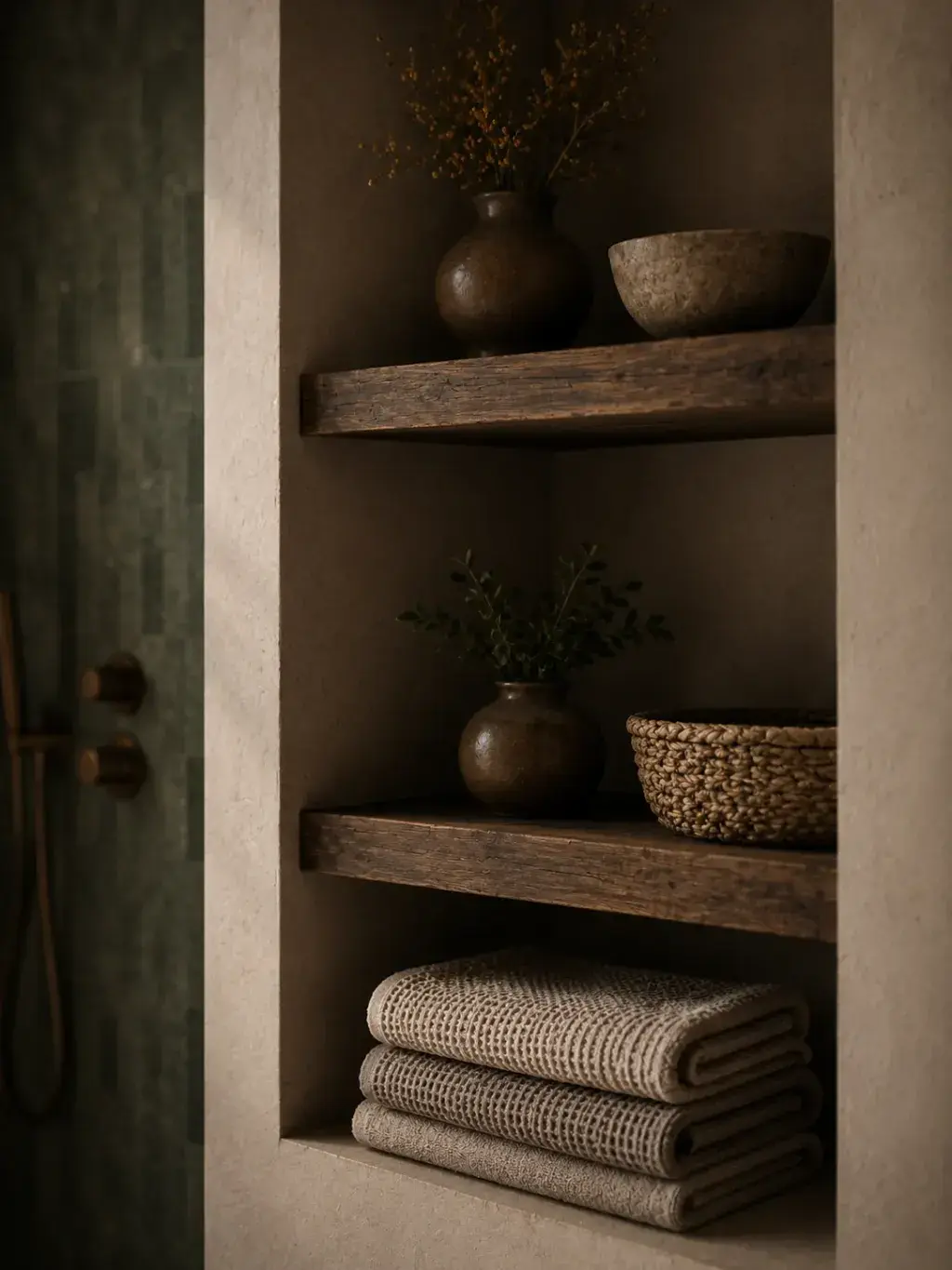 Étagère de salle de bain, serviettes pliées et accessoires rangés en niche