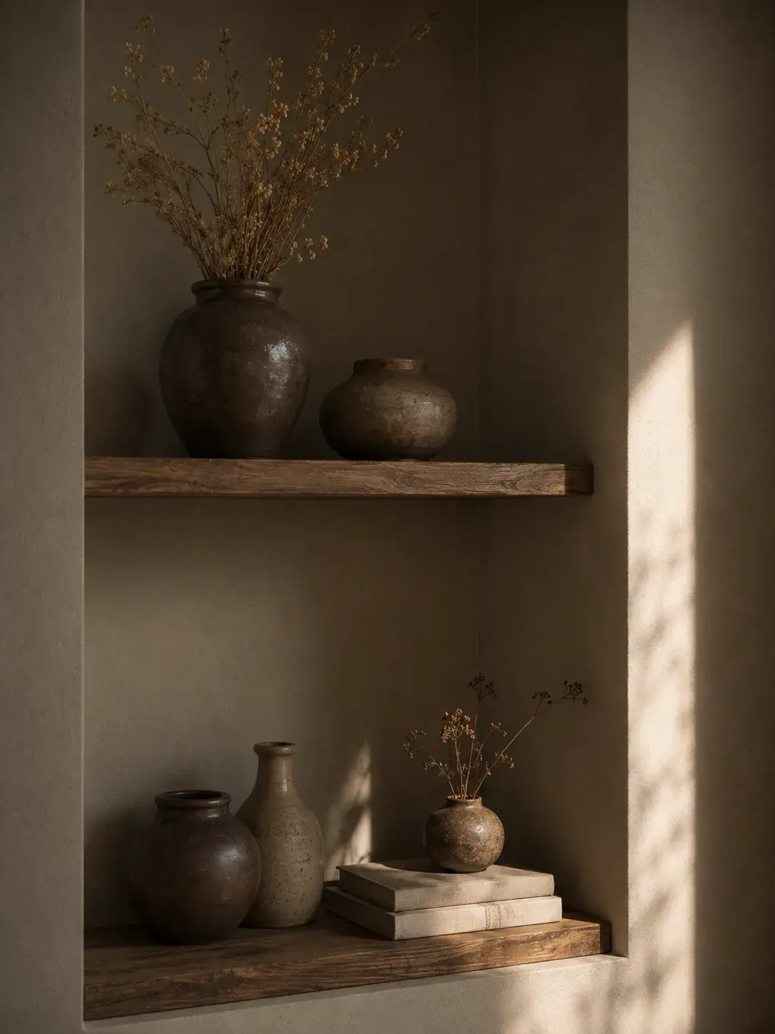 Étagère murale décorative, céramiques artisanales et bougies tons naturels