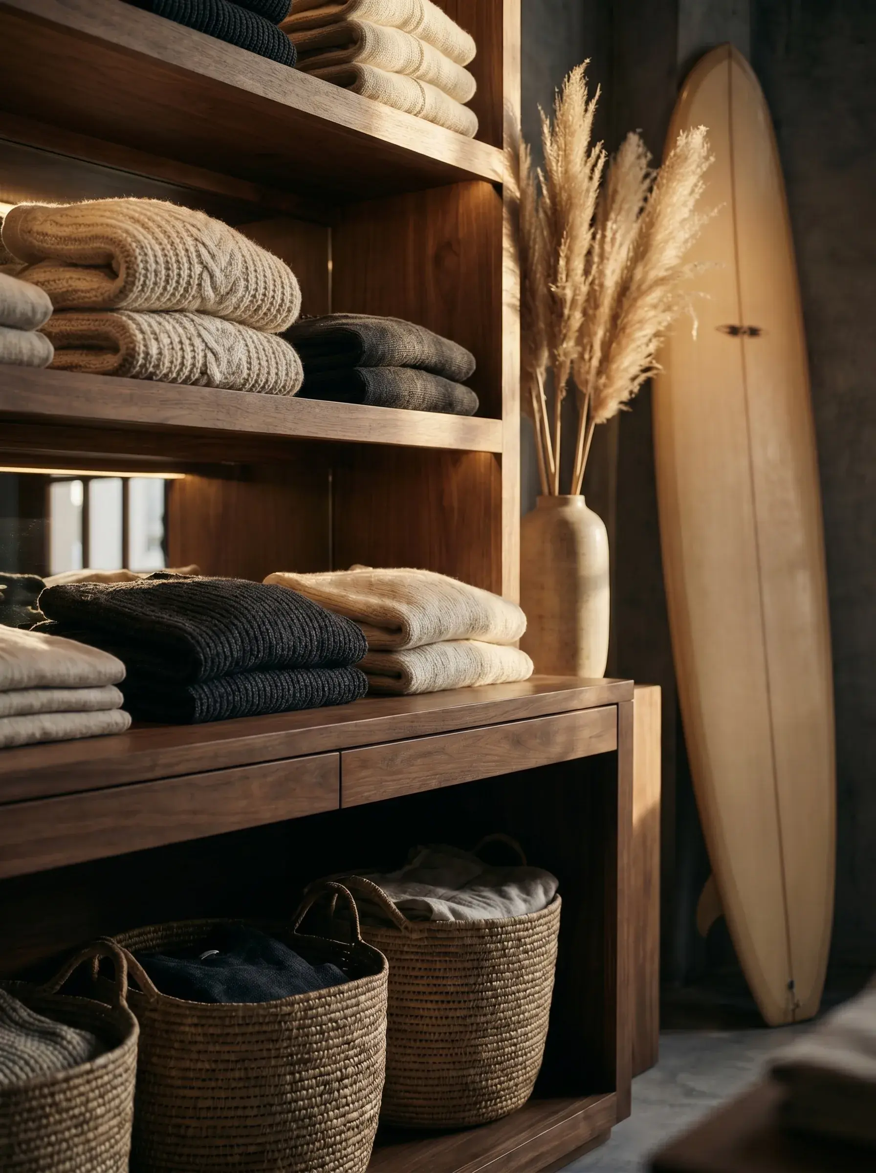 Étagères de boutique avec textiles pliés et planche de surf
