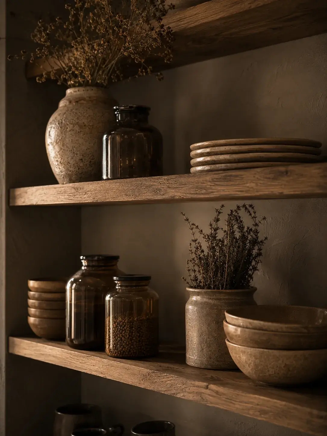 Étagères de cuisine en bois avec céramiques artisanales, composition naturelle