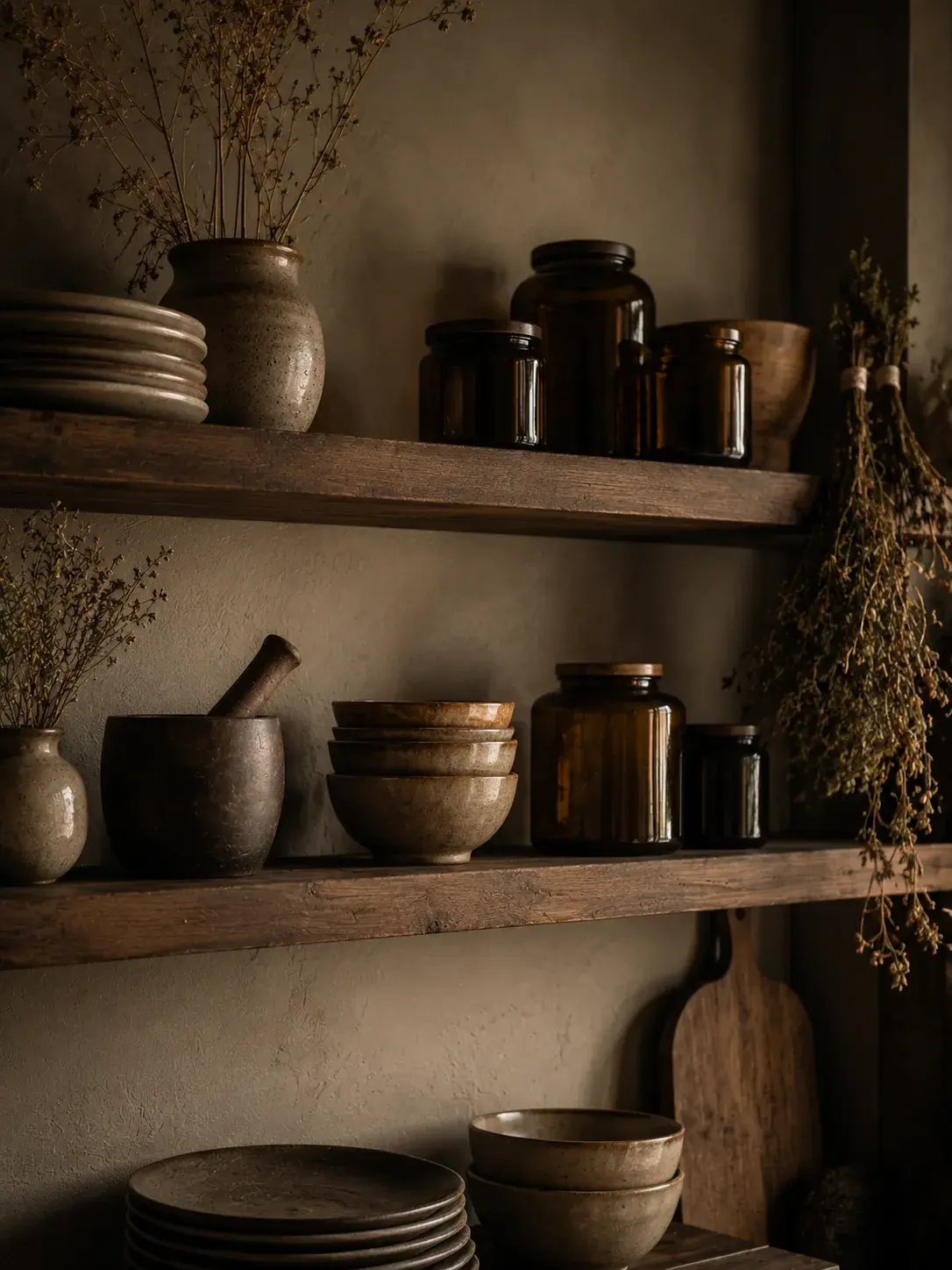 Étagères en bois massif avec bols de poterie artisanale, bocaux ambre, herbes séchées suspendues et vaisselle