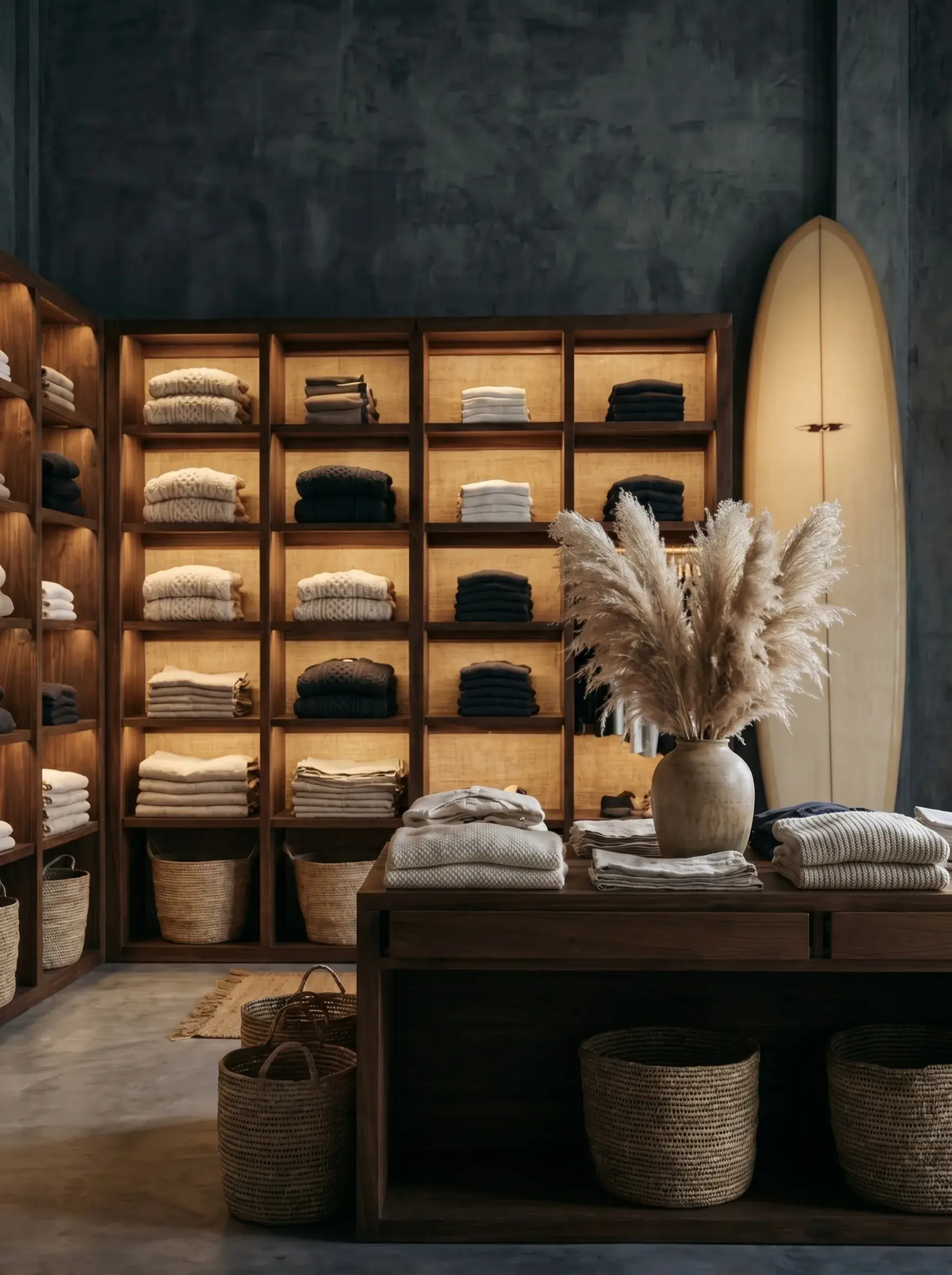 Étagères illuminées de pulls dans une boutique avec planche de surf