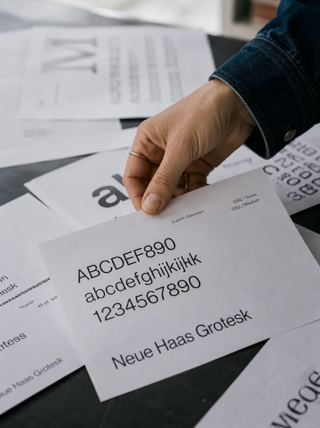 Examen spécimens typographiques – sans-sérif, vue à plat, studio