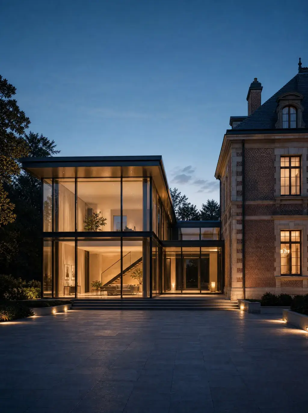 Extension contemporaine vitrée illuminée en soirée accolée à une ancienne demeure en briques au crépuscule