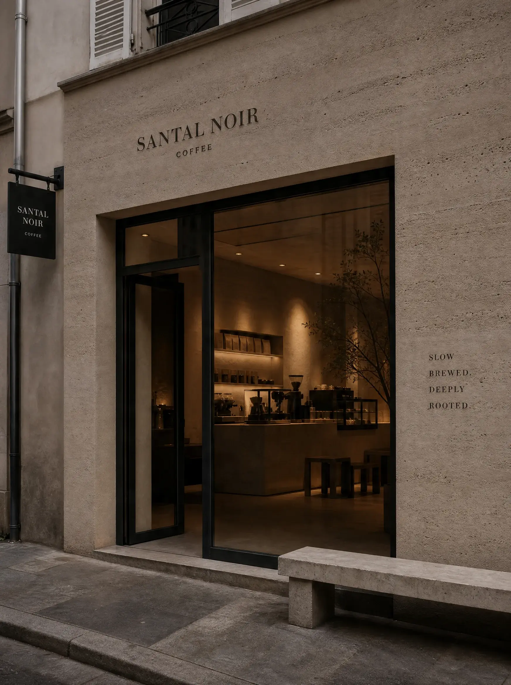 Façade boutique café artisanal en angle – vitrine lumineuse, enseigne, rue, intérieur chaud