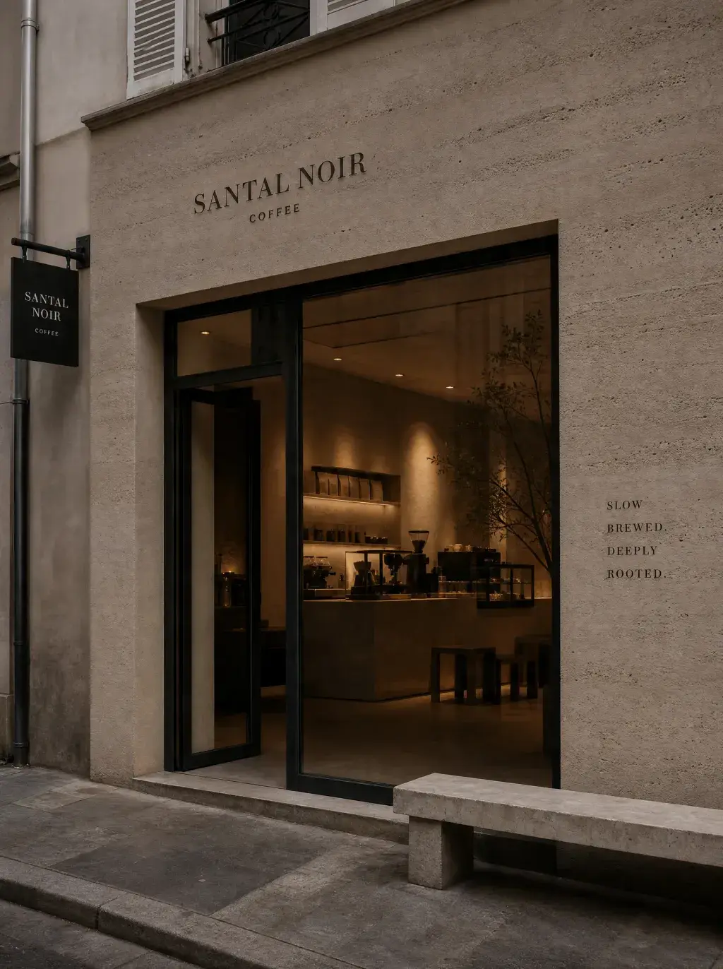 Façade boutique café artisanal en angle – vitrine lumineuse, enseigne, rue, intérieur chaud