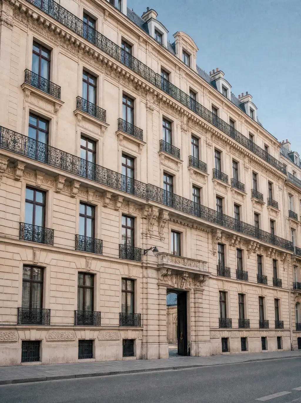 Façade d'immeuble haussmannien à Paris avec balcons en fer forgé sous ciel bleu