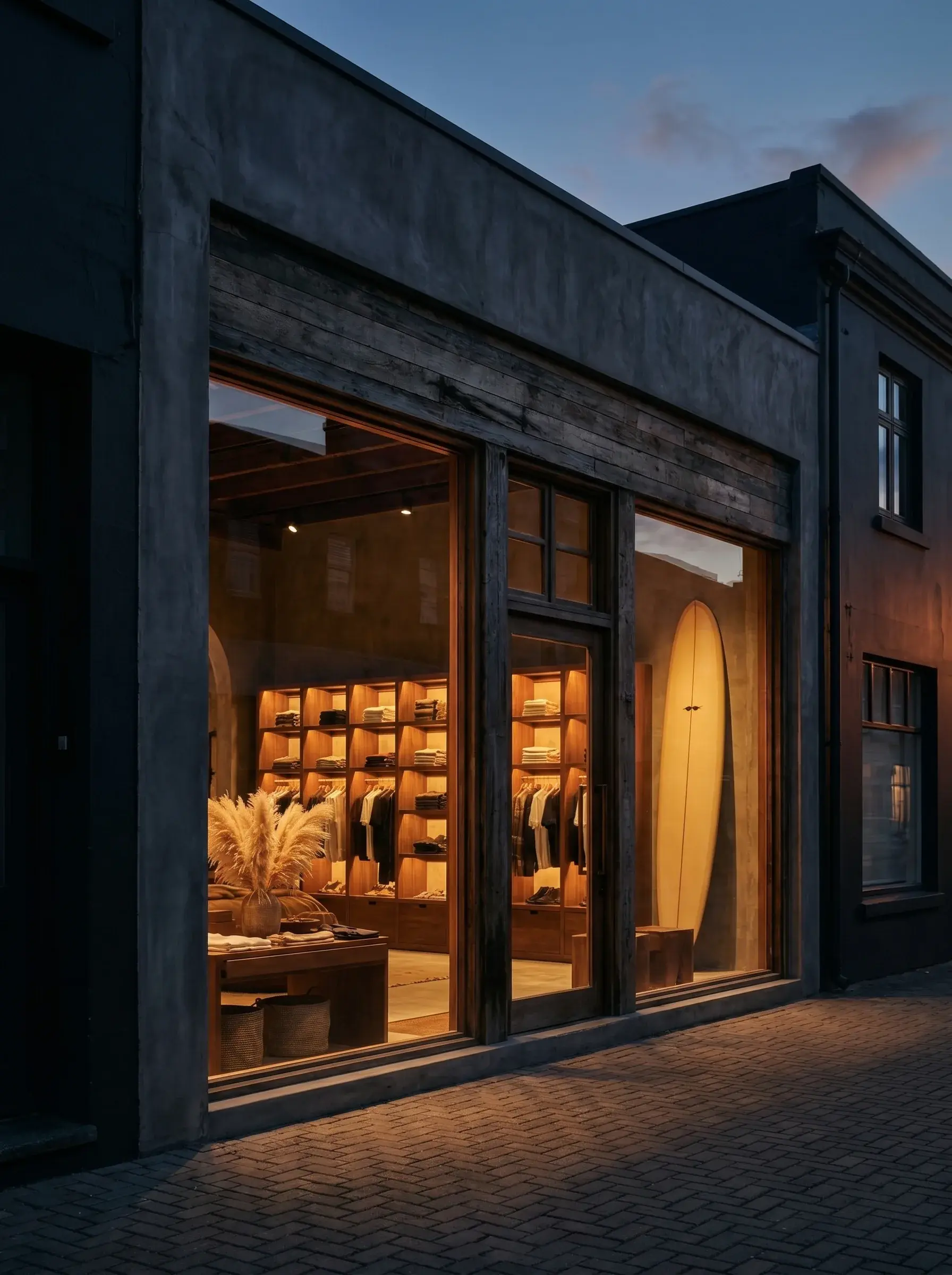 Façade d'une boutique lifestyle au crépuscule avec vitrine éclairée