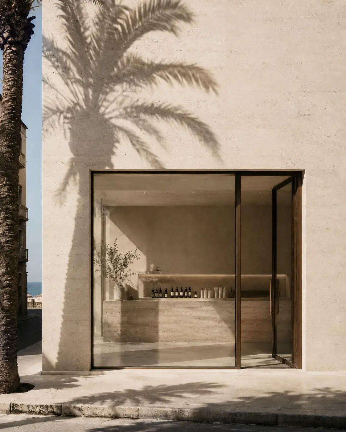 Façade de boutique luxueuse en calcaire – grande vitrine bronze, ombre de palmier, mer en fond
