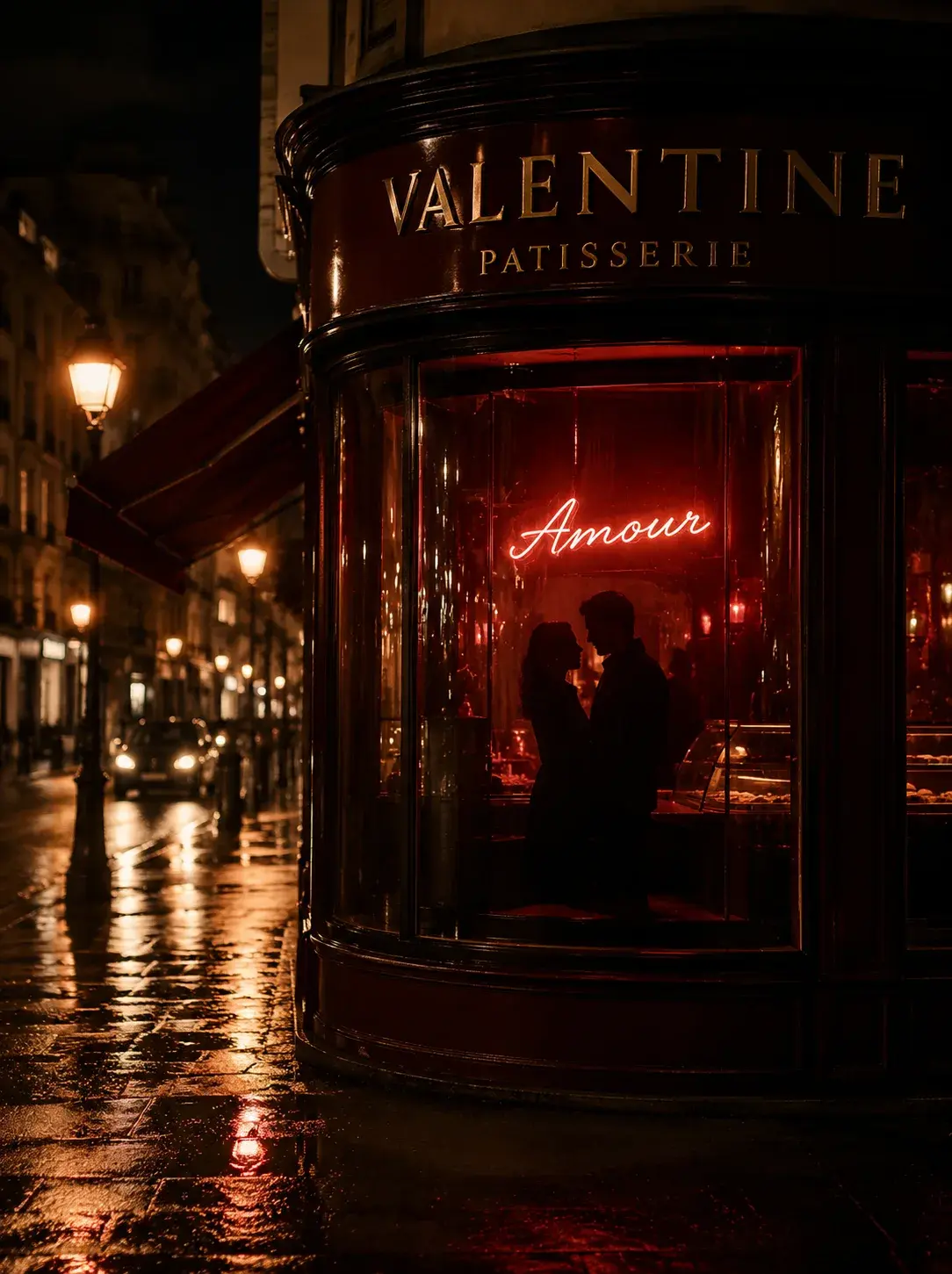 Façade nocturne d'angle de la Pâtisserie Valentine, néon Amour rouge visible, couple en silhouette et reflets sur pavés mouillés