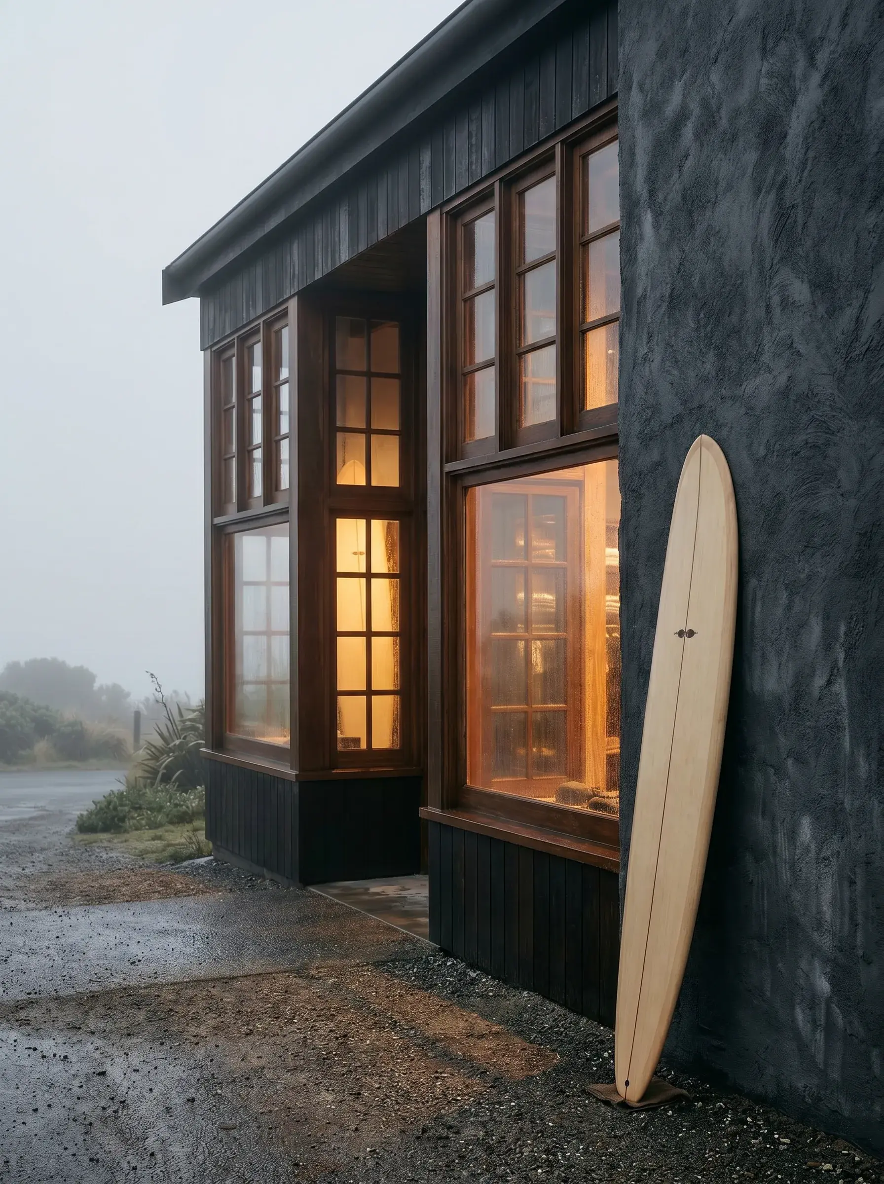 Façade sombre d'une boutique de surf avec planche appuyée contre le mur dans la brume