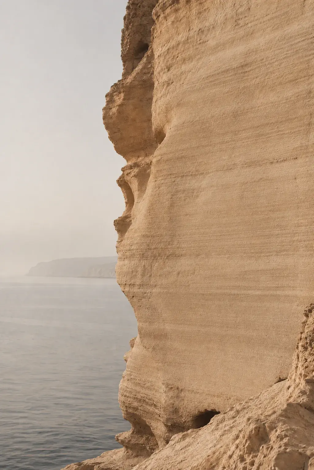 Falaise calcaire imposante en contre-plongée – stries géologiques, mer brumeuse, ciel pâle