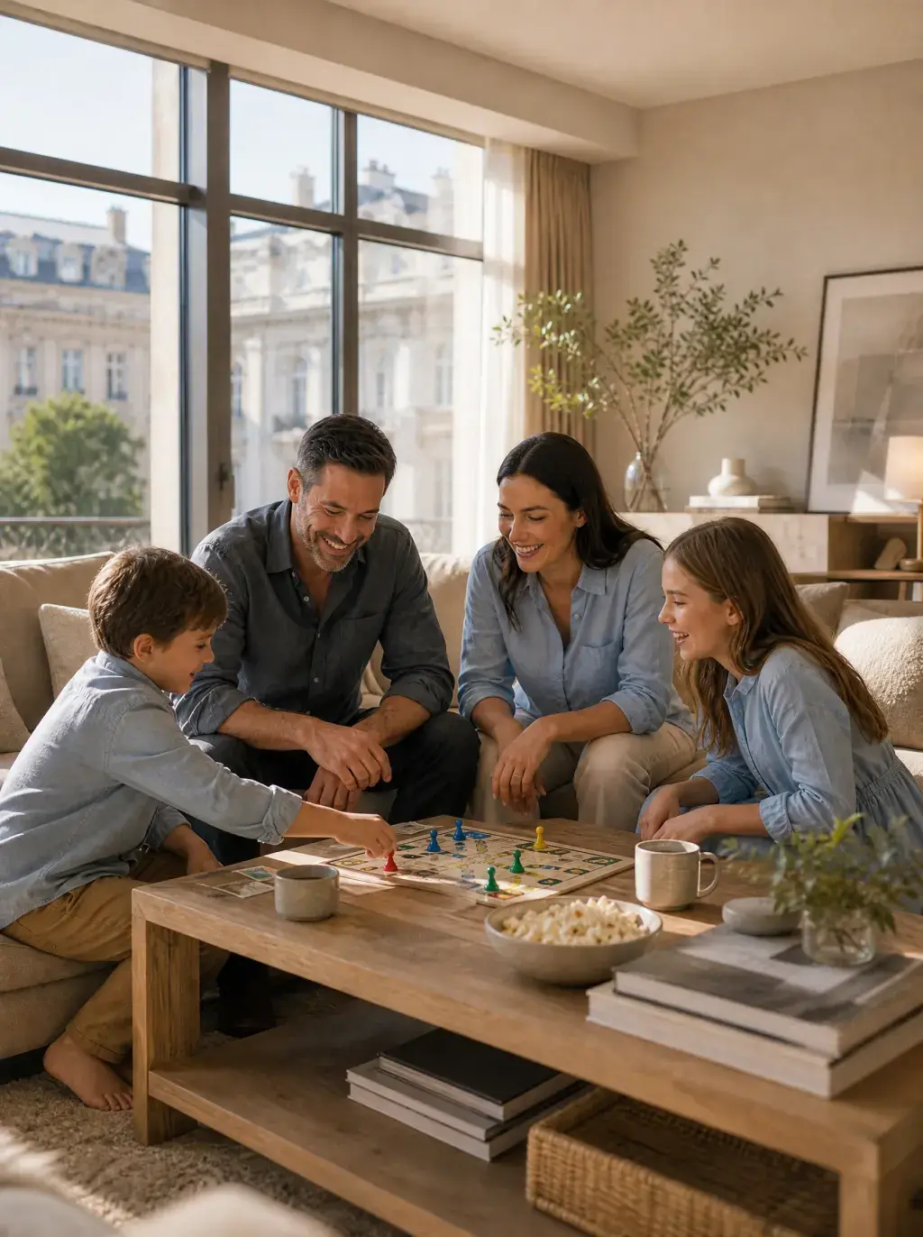 Famille jouant à un jeu de société dans un salon moderne avec vue sur une avenue parisienne