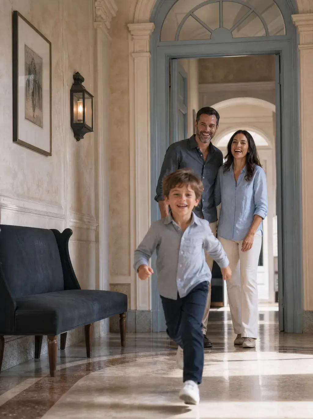 Famille joyeuse arrivant dans le hall palatial d'une résidence de prestige avec enfant courant