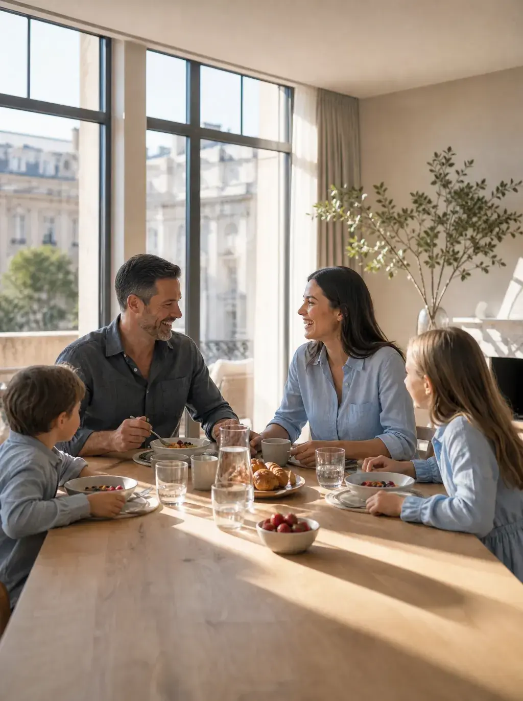 Famille réunie autour d'un petit-déjeuner dans un appartement lumineux avec vue sur Paris