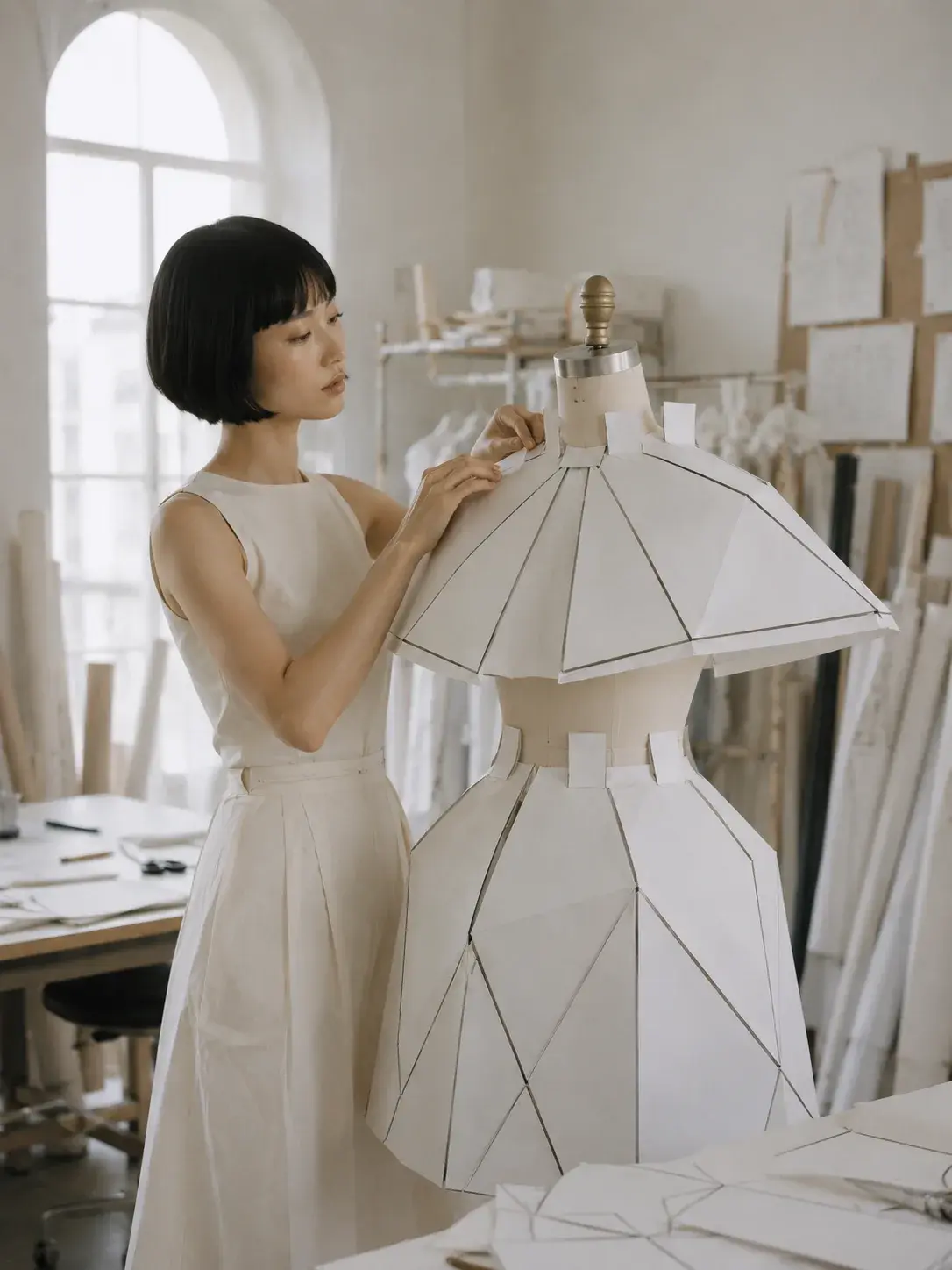 Femme ajustant une maquette origami sur mannequin – gros plan atelier couture lumineux