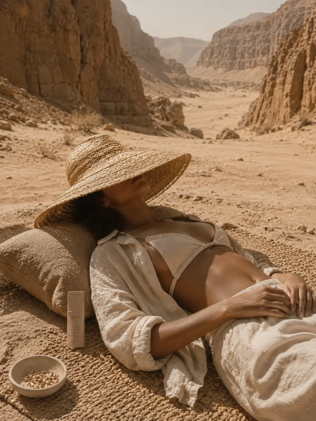 Femme allongée dans gorge désertique – chapeau raphia, bikini blanc, tube crème solaire, natte