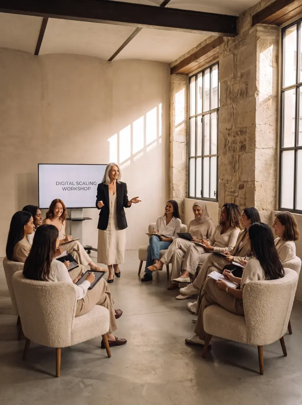 Femme animant un atelier digital devant un groupe de femmes assises en cercle