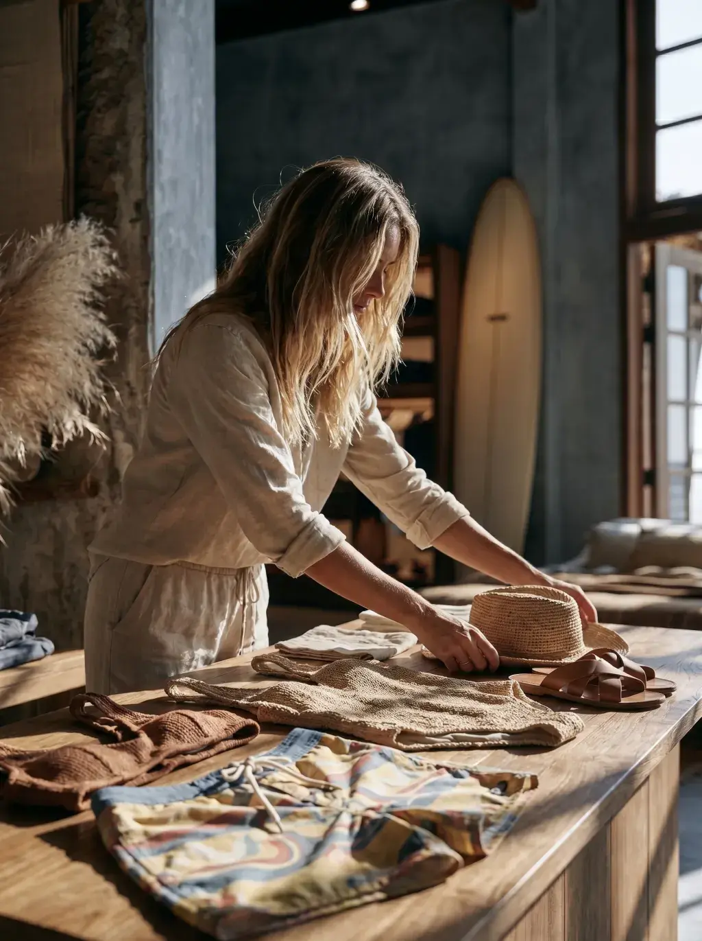 Femme arrangeant chapeau et accessoires sur table – boutique surf lifestyle avec planche