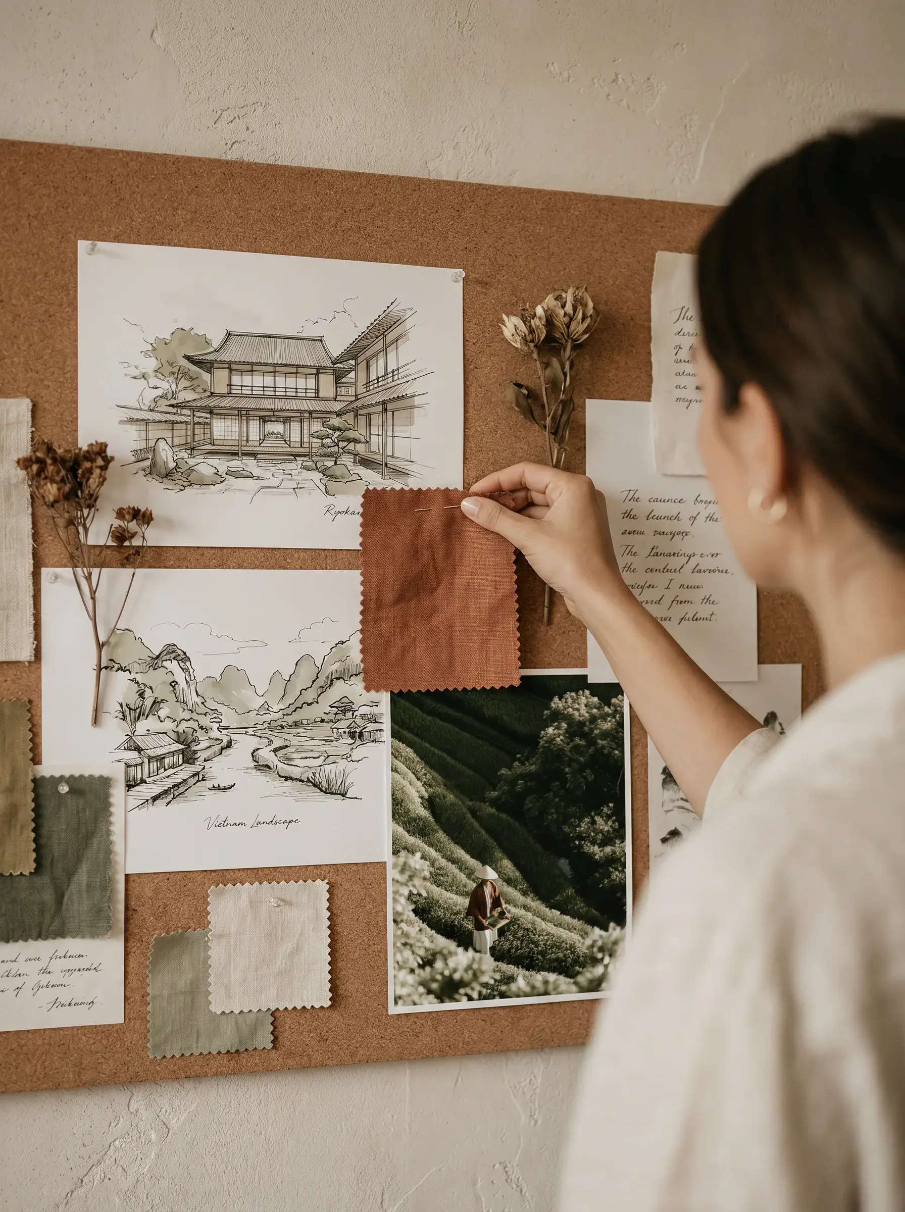 Femme arrangeant moodboard – esquisses japonaises, échantillons tissus, photos voyage sur tableau liège