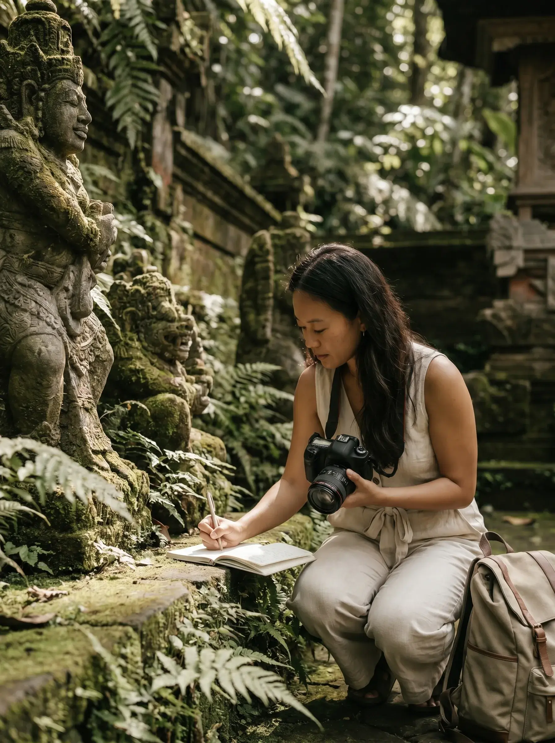 Femme asiatique accroupie prenant des notes devant statues hindoues couvertes de mousse dans forêt tropicale de Bali, appareil photo reflex au cou