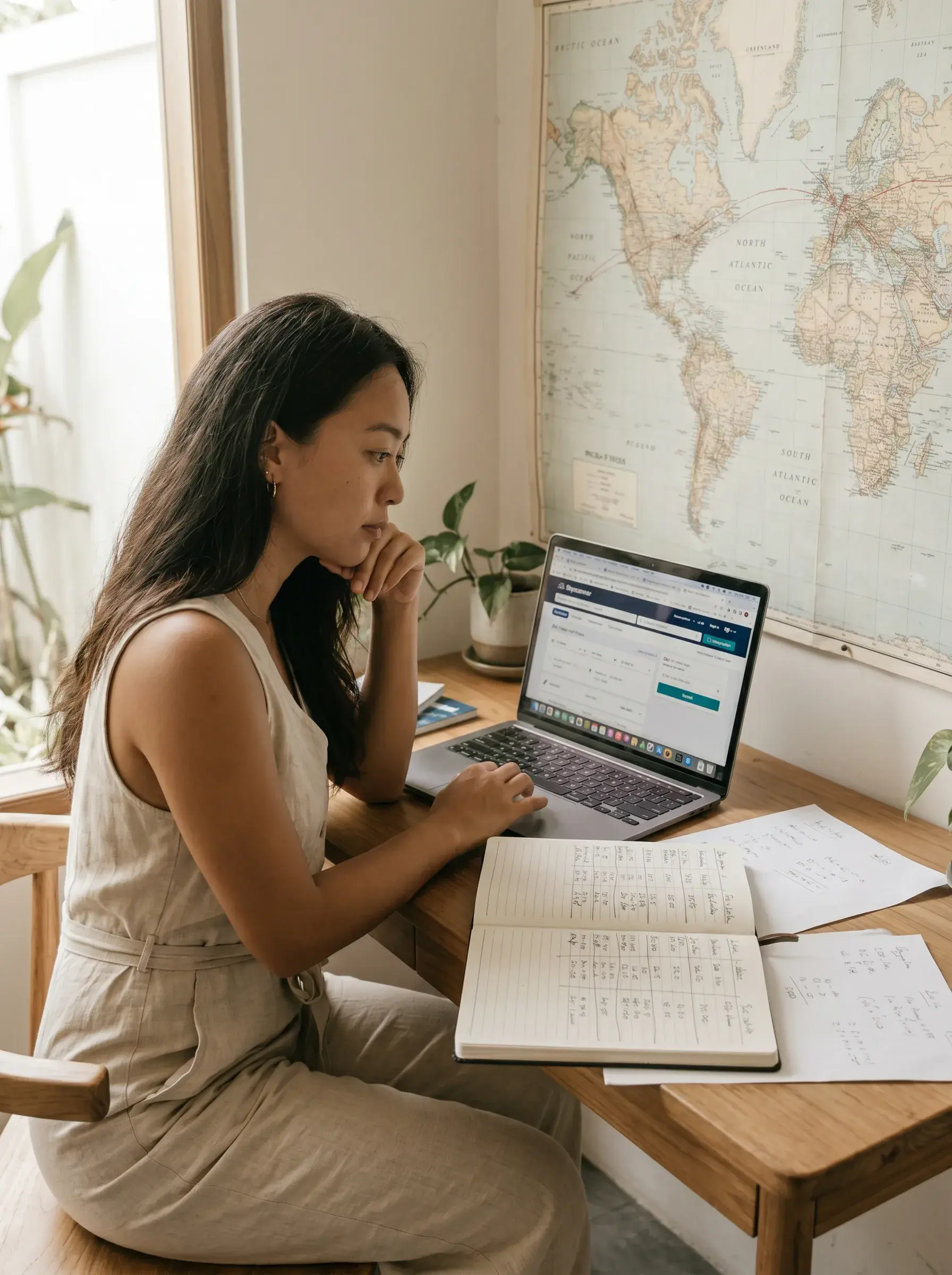Femme asiatique concentrée recherchant des vols sur laptop avec carnet de notes, carte du monde murale en fond, plante