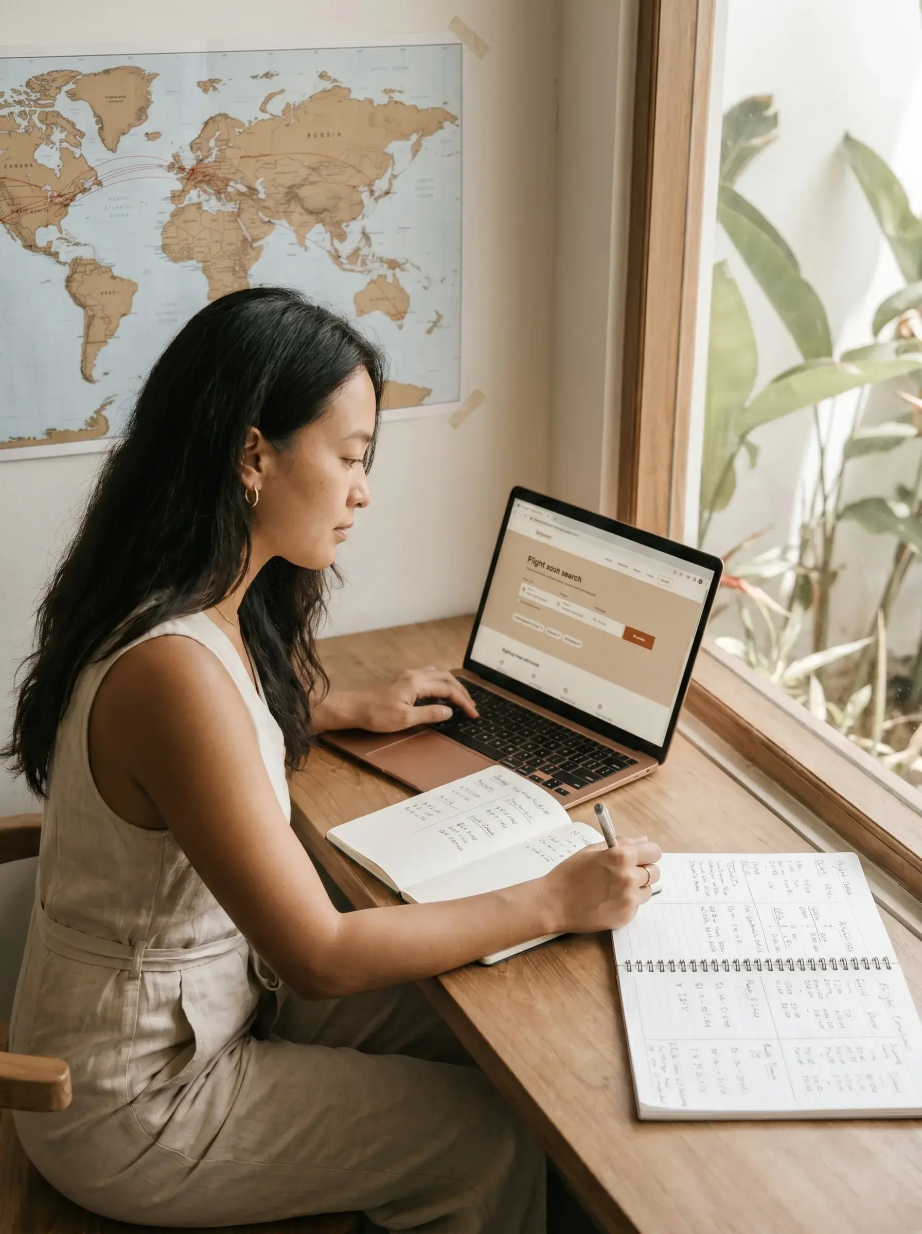 Femme asiatique concentrée sur laptop avec site de réservation voyage, deux carnets manuscrits ouverts et carte du monde scratch, bureau fenêtre plantes