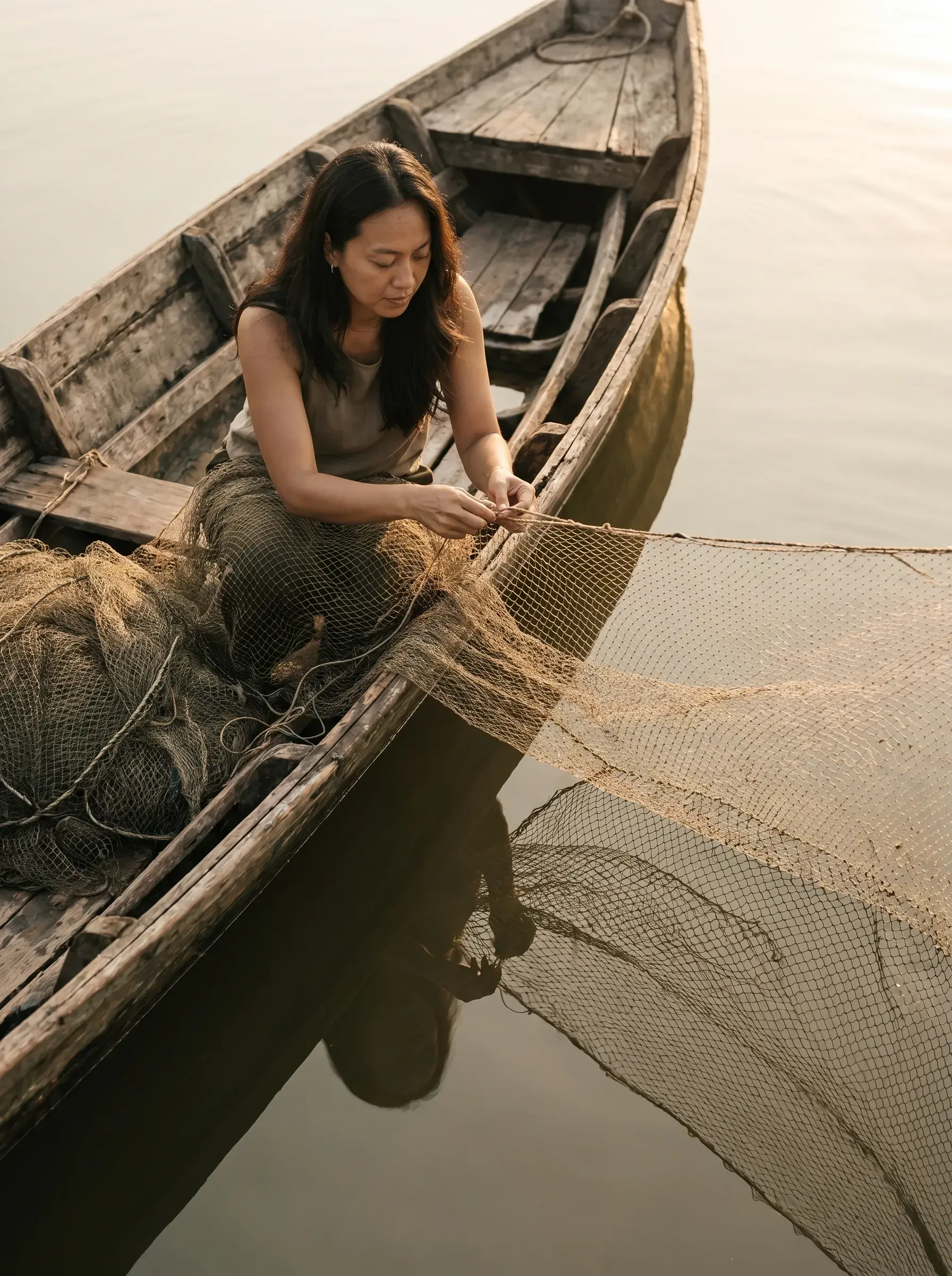 Femme asiatique dans pirogue en bois réparant un filet de pêche en osier sur eau dorée calme au coucher de soleil