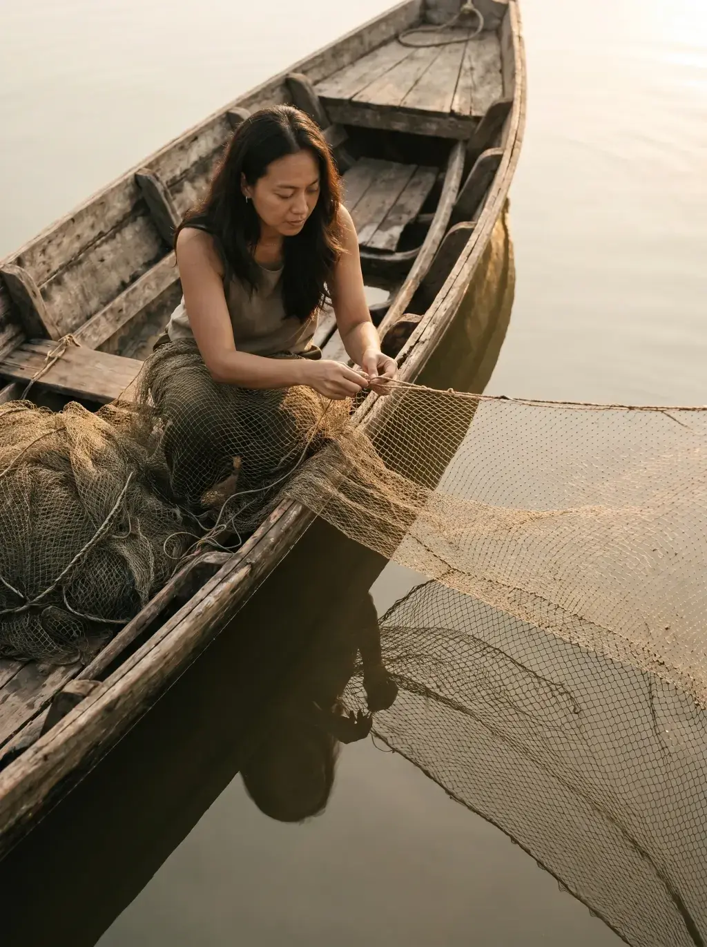 Femme asiatique dans pirogue en bois réparant un filet de pêche en osier sur eau dorée calme au coucher de soleil
