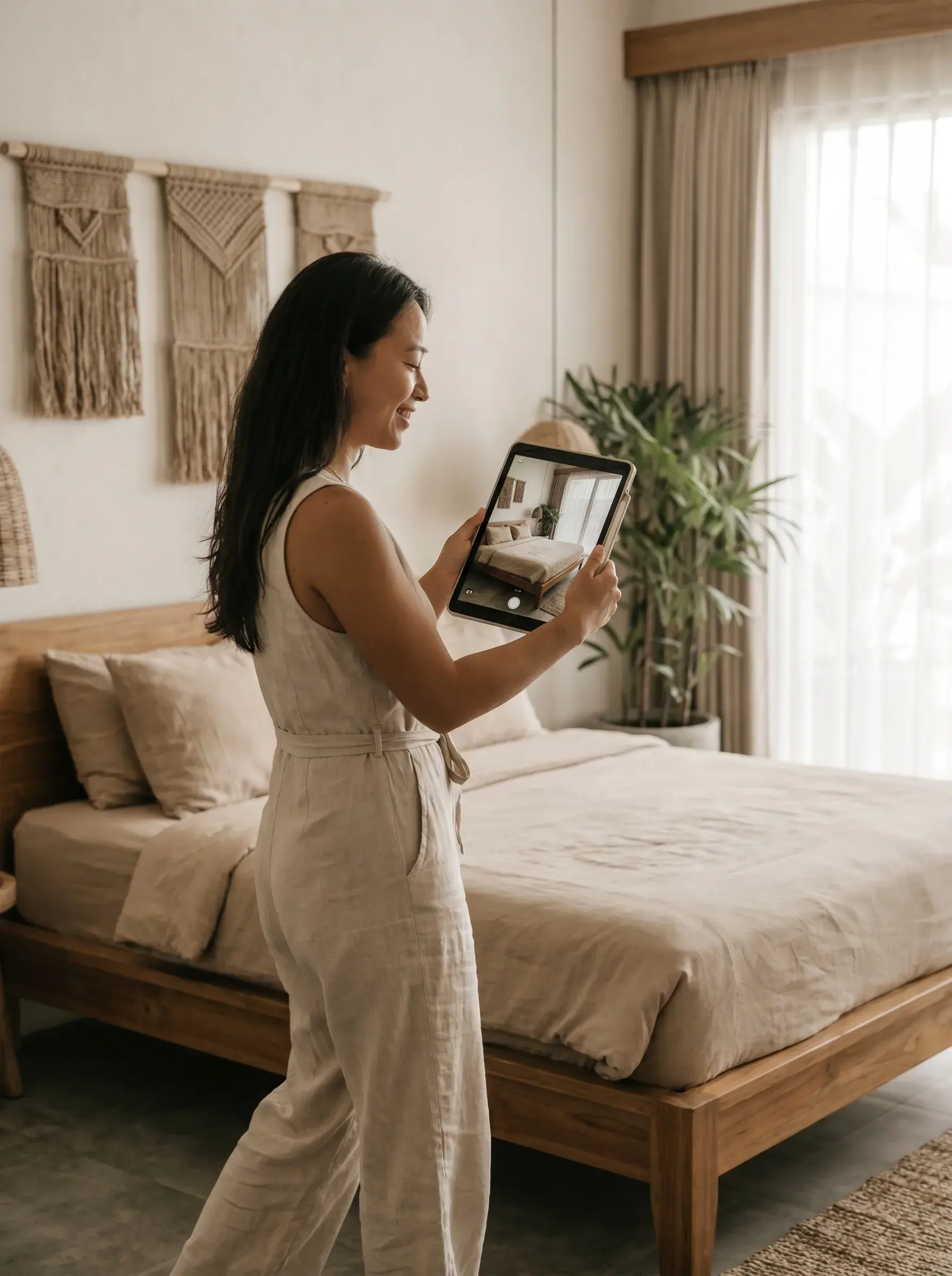 Femme asiatique de dos photographiant avec une tablette l'intérieur d'une chambre balinaise en teak, macramé et literie beige, plante tropicale