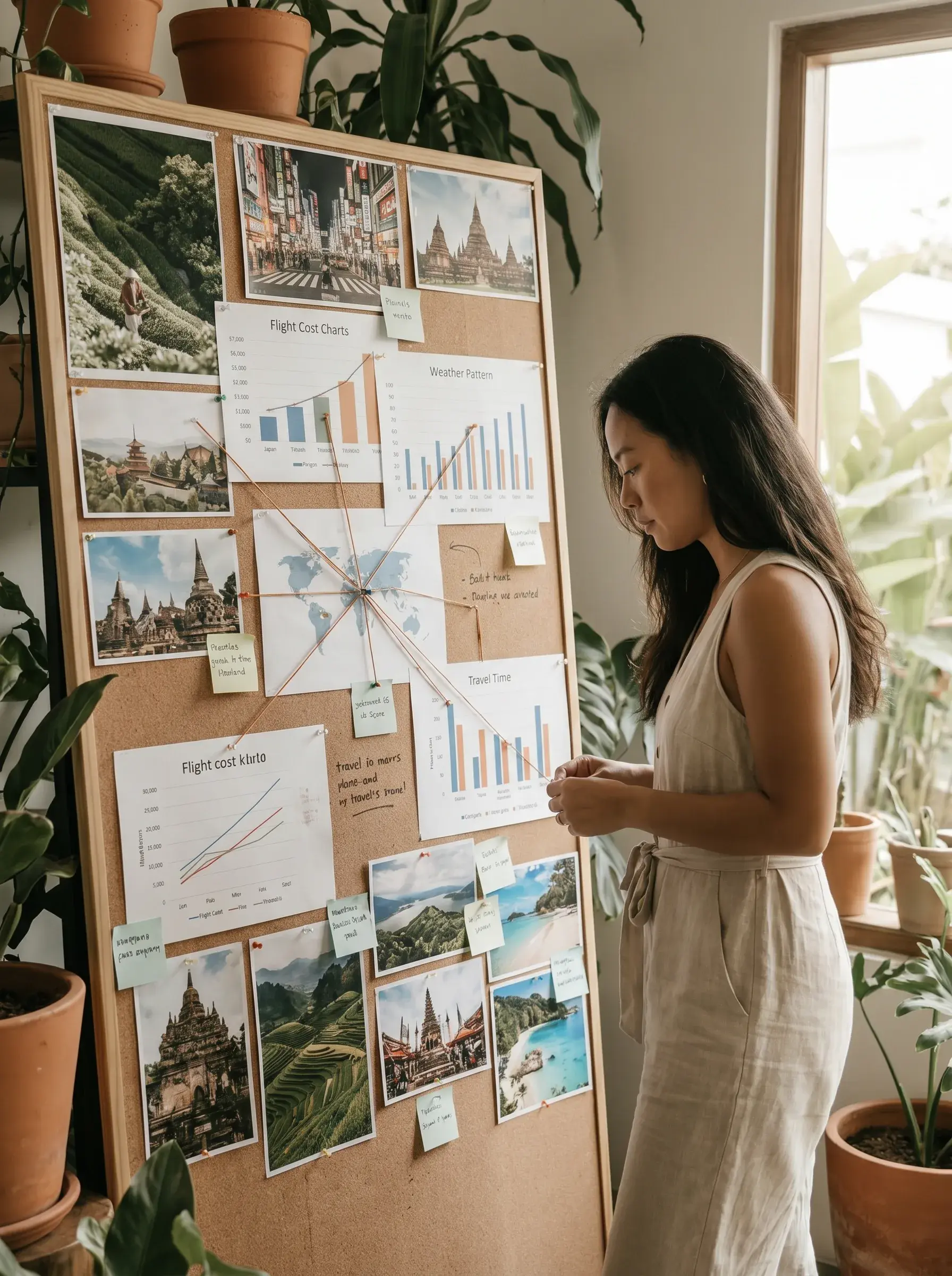 Femme asiatique devant tableau de planification voyage – photos, graphiques, post-it, plantes
