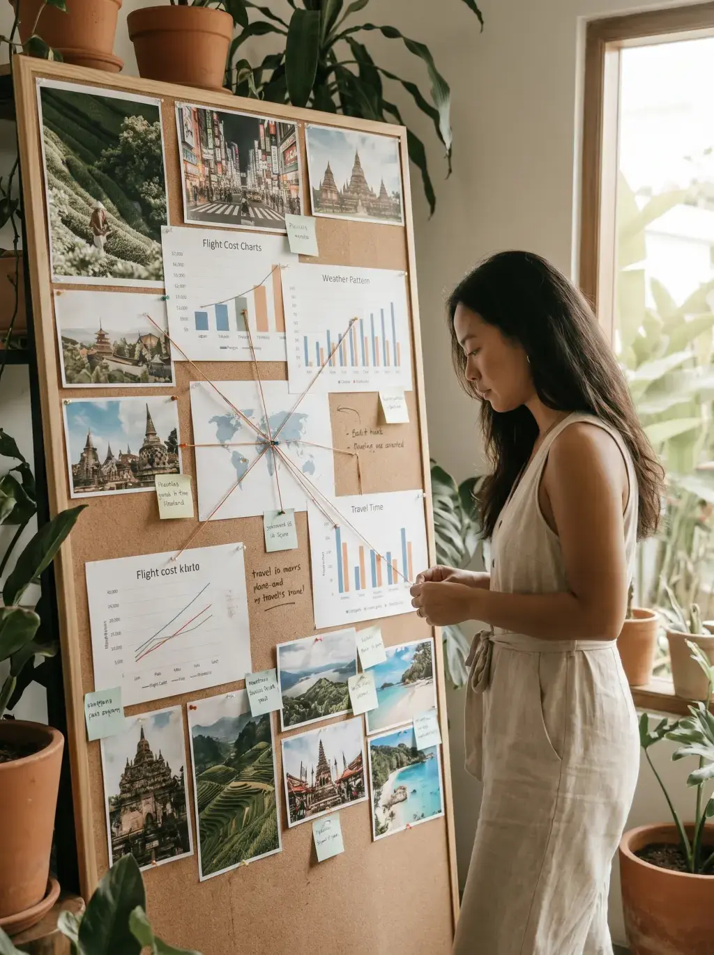 Femme asiatique devant tableau de planification voyage – photos, graphiques, post-it, plantes