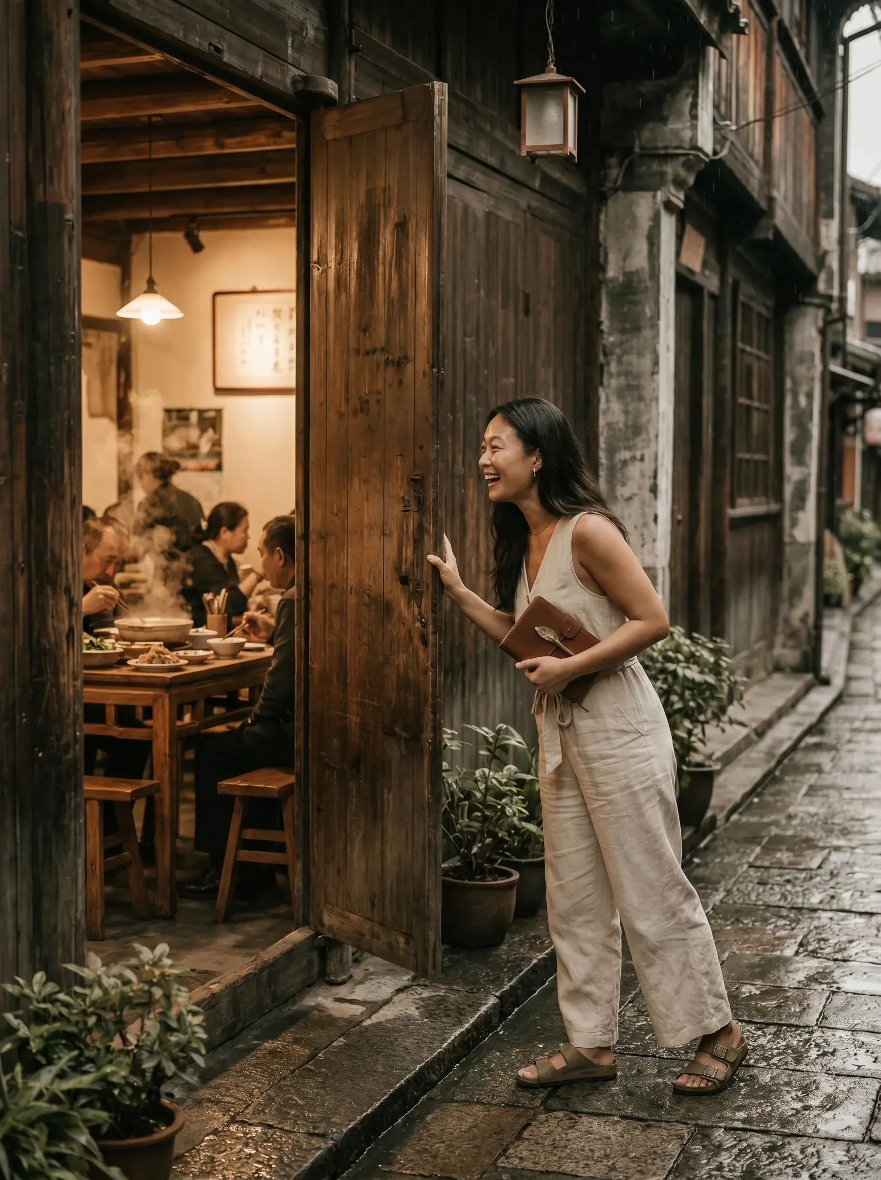 Femme asiatique en tenue lin riant debout à l'entrée d'un restaurant traditionnel chinois dans une ruelle pluvieuse, carnet en main