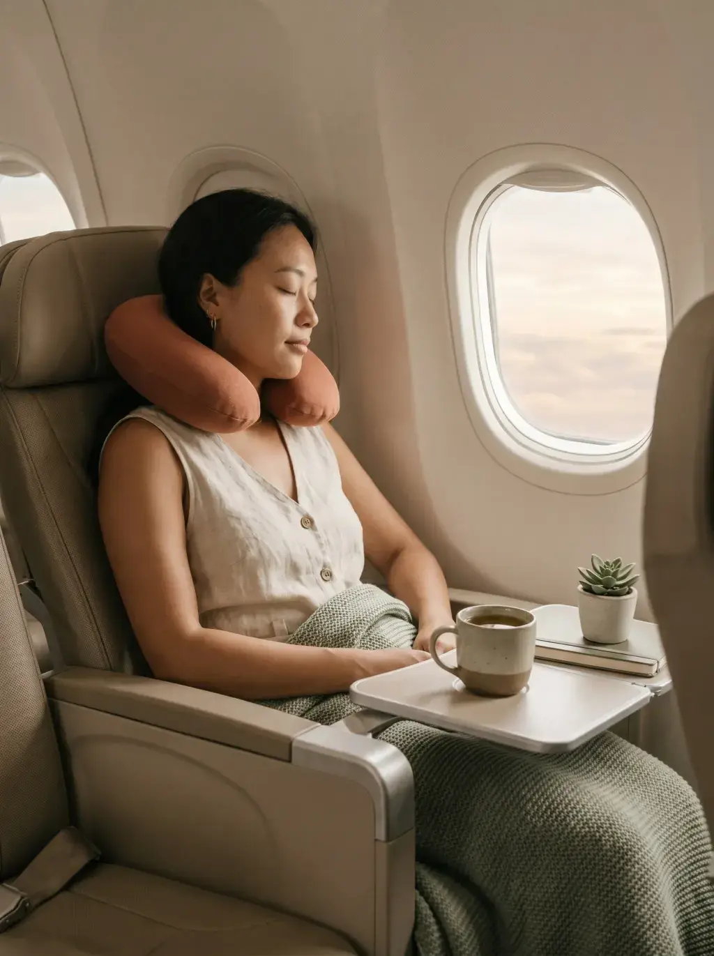 Femme asiatique endormie dans siège d'avion avec coussin de voyage orange, succulente, tasse café, hublot coucher de soleil