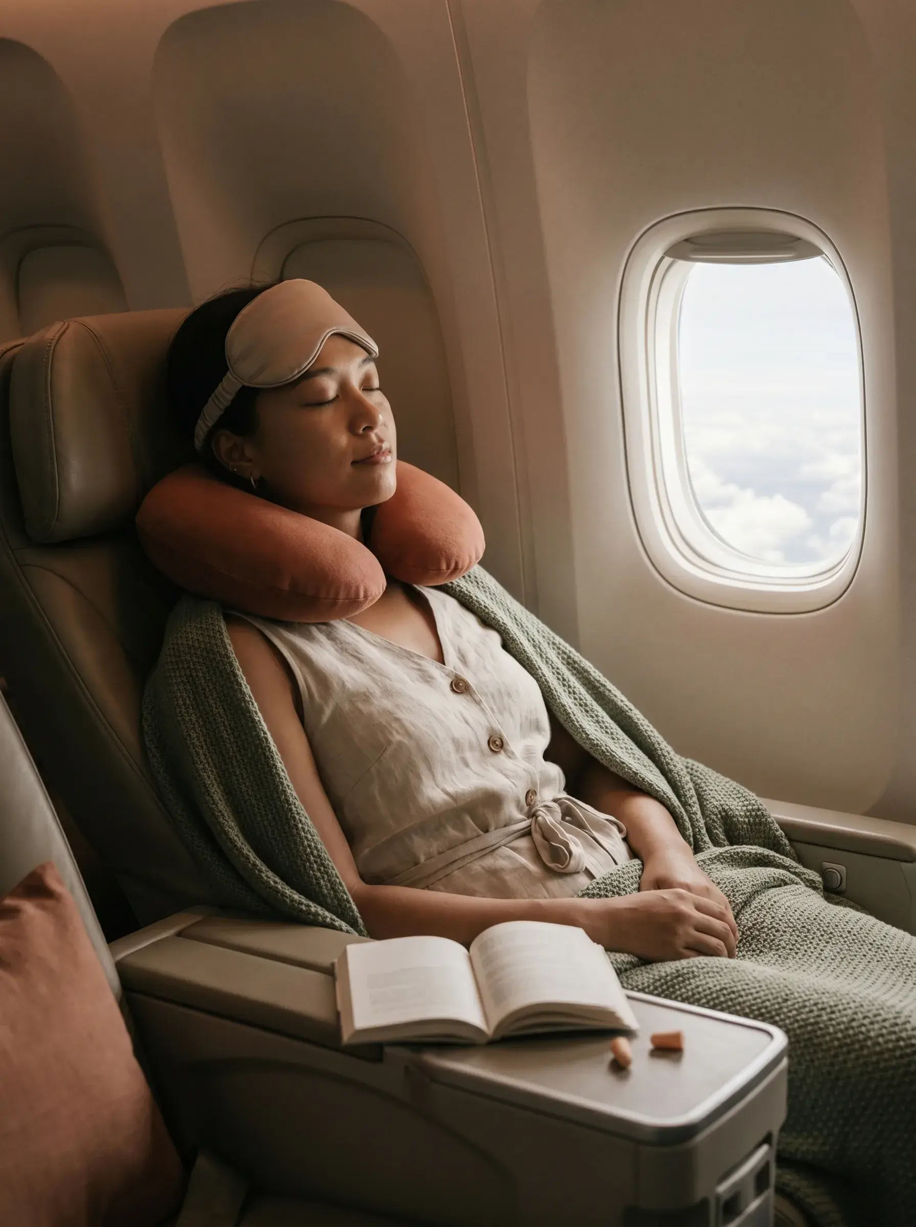 Femme asiatique endormie en siège avion avec masque de sommeil, coussin orange, couverture verte et livre ouvert sur plateau