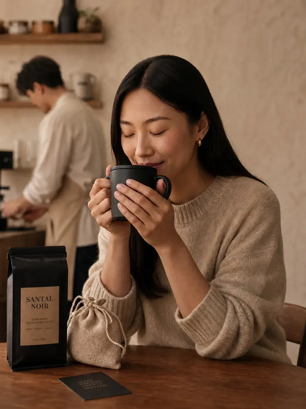 Femme asiatique humant mug café – pull beige, table bois, homme en arrière-plan, cuisine artisanale