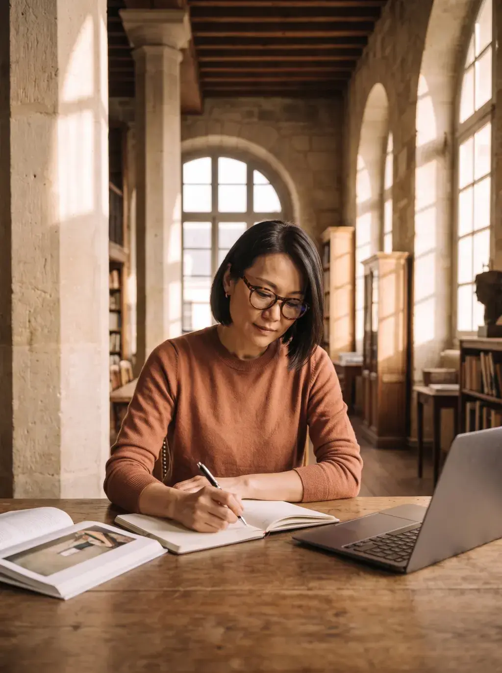 Femme asiatique prenant des notes dans un carnet en bibliothèque ancienne avec laptop