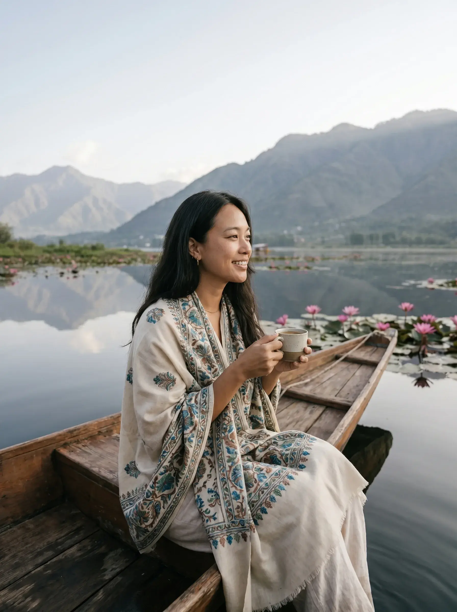 Femme asiatique souriante dans barque bois sur lac de montagne – fleurs de lotus, tasse de thé