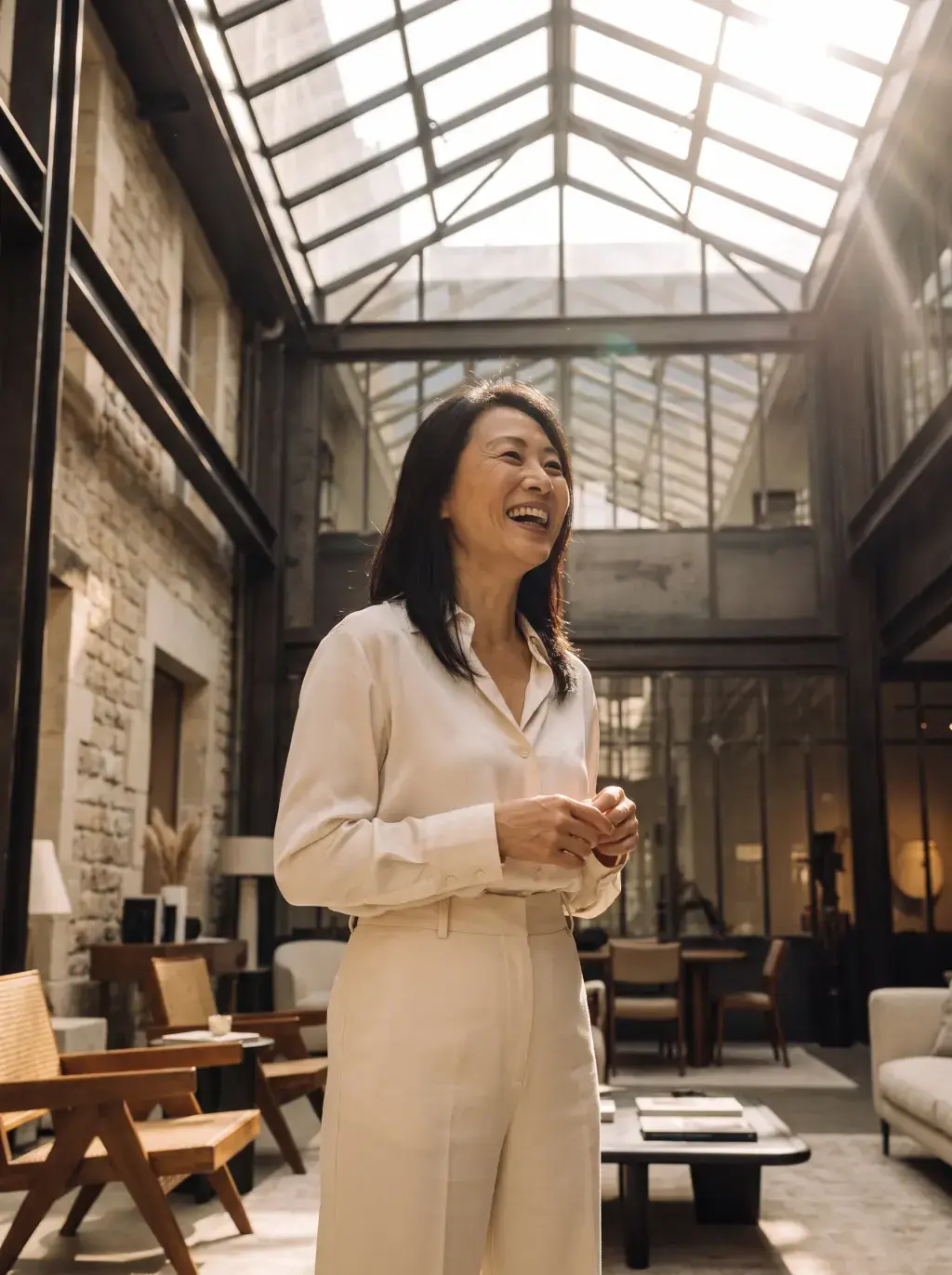 Femme asiatique souriante dans un espace de travail avec verrière
