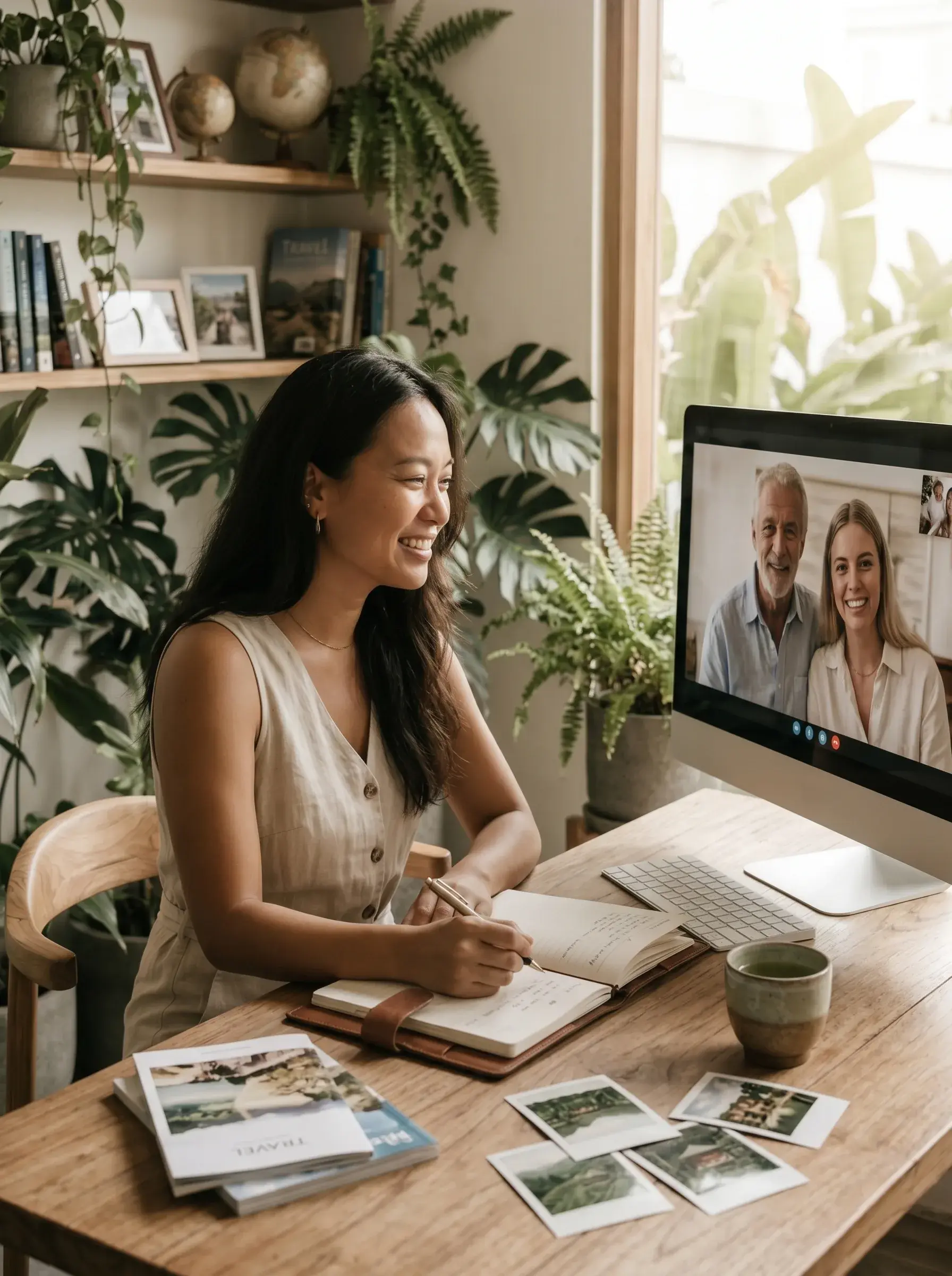 Femme asiatique souriante en appel vidéo avec couple sur grand écran iMac, bureau planifié avec plantes et photos de voyage