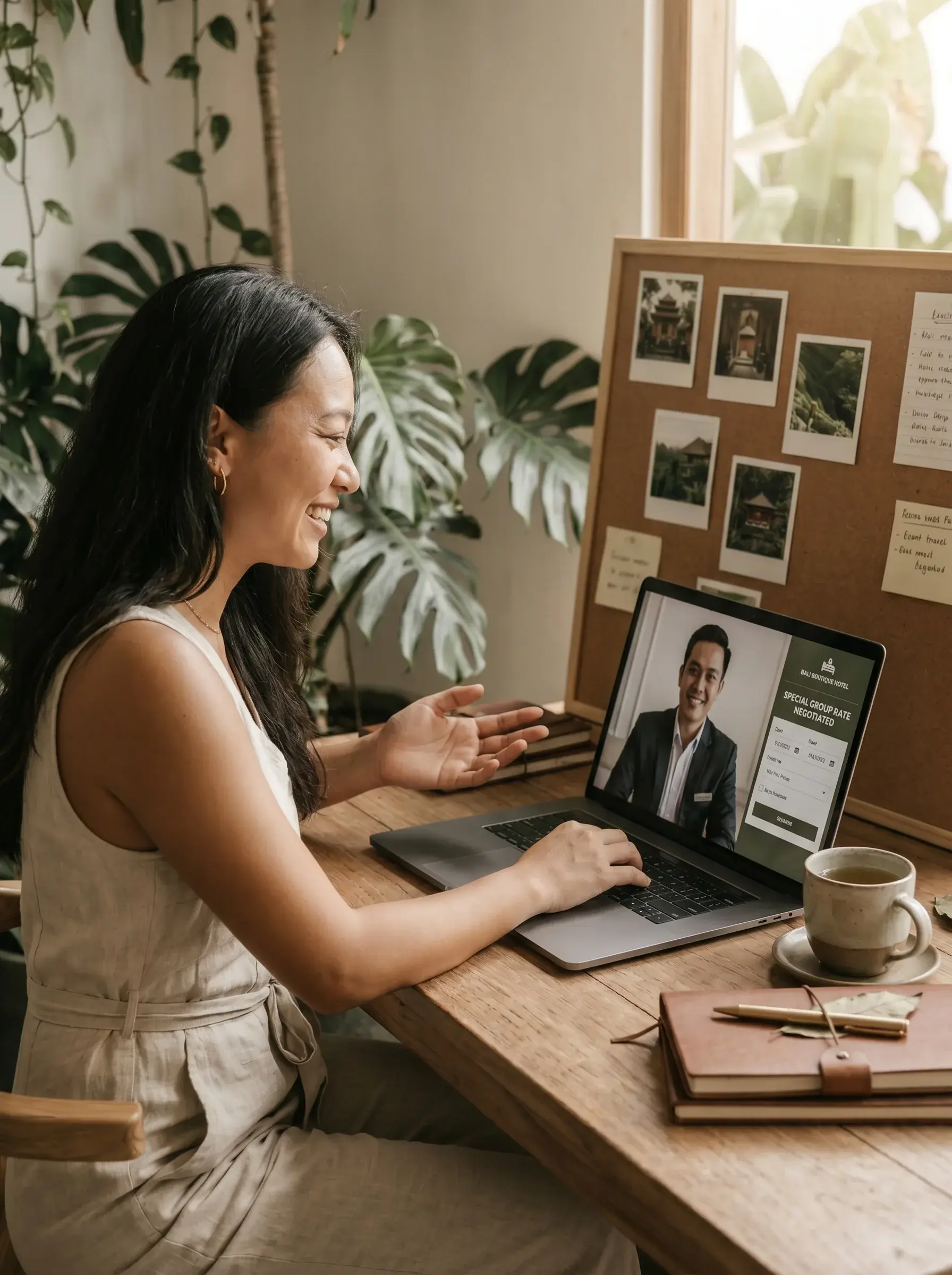 Femme asiatique souriante en appel vidéo sur laptop avec partenaire asiatique en costume, tableau liège avec polaroids de temples en fond