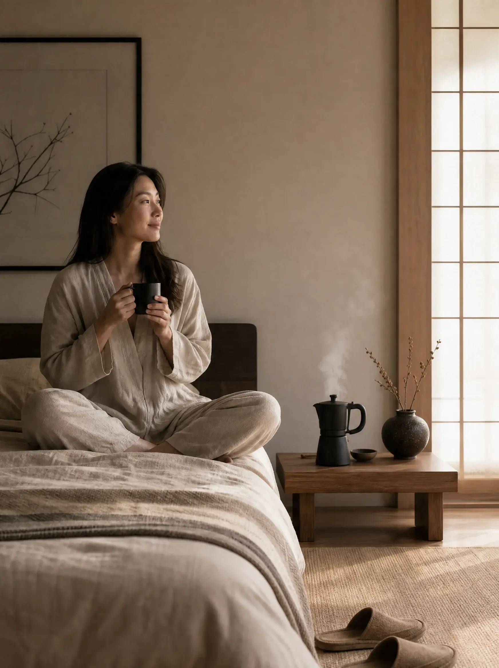 Femme asiatique sur lit tenant mug – chambre japonisante, cafetière fumante, vase, table basse