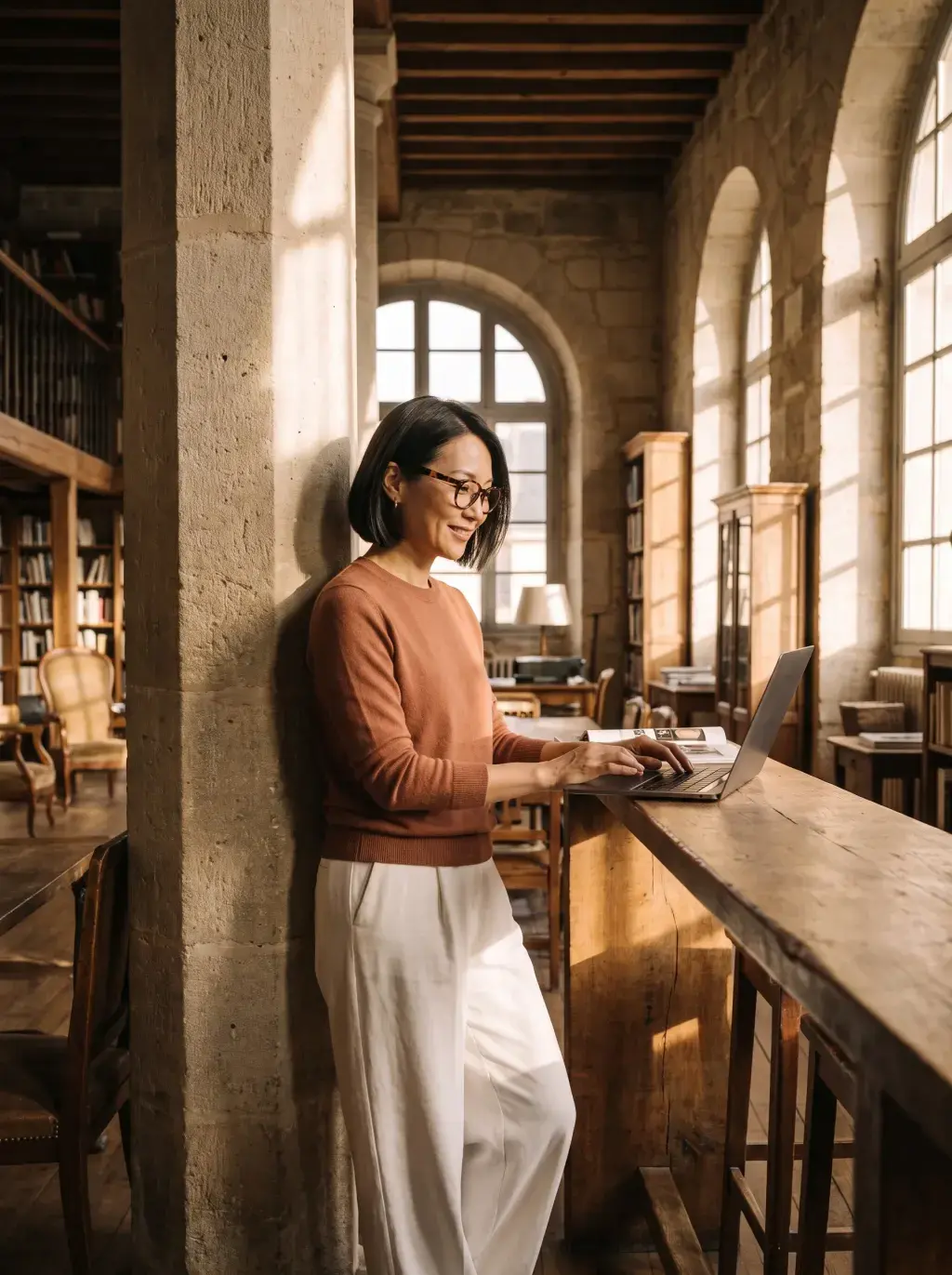 Femme asiatique travaillant sur laptop dans une bibliothèque ancienne lumineuse