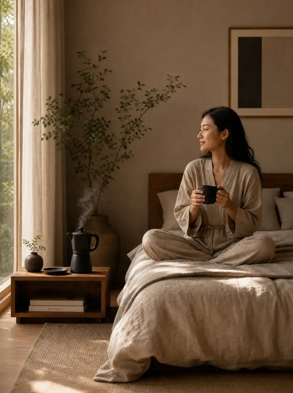 Femme assise en tailleur sur lit tenant mug – chambre, cafetière fumante, plante, lumière fenêtre
