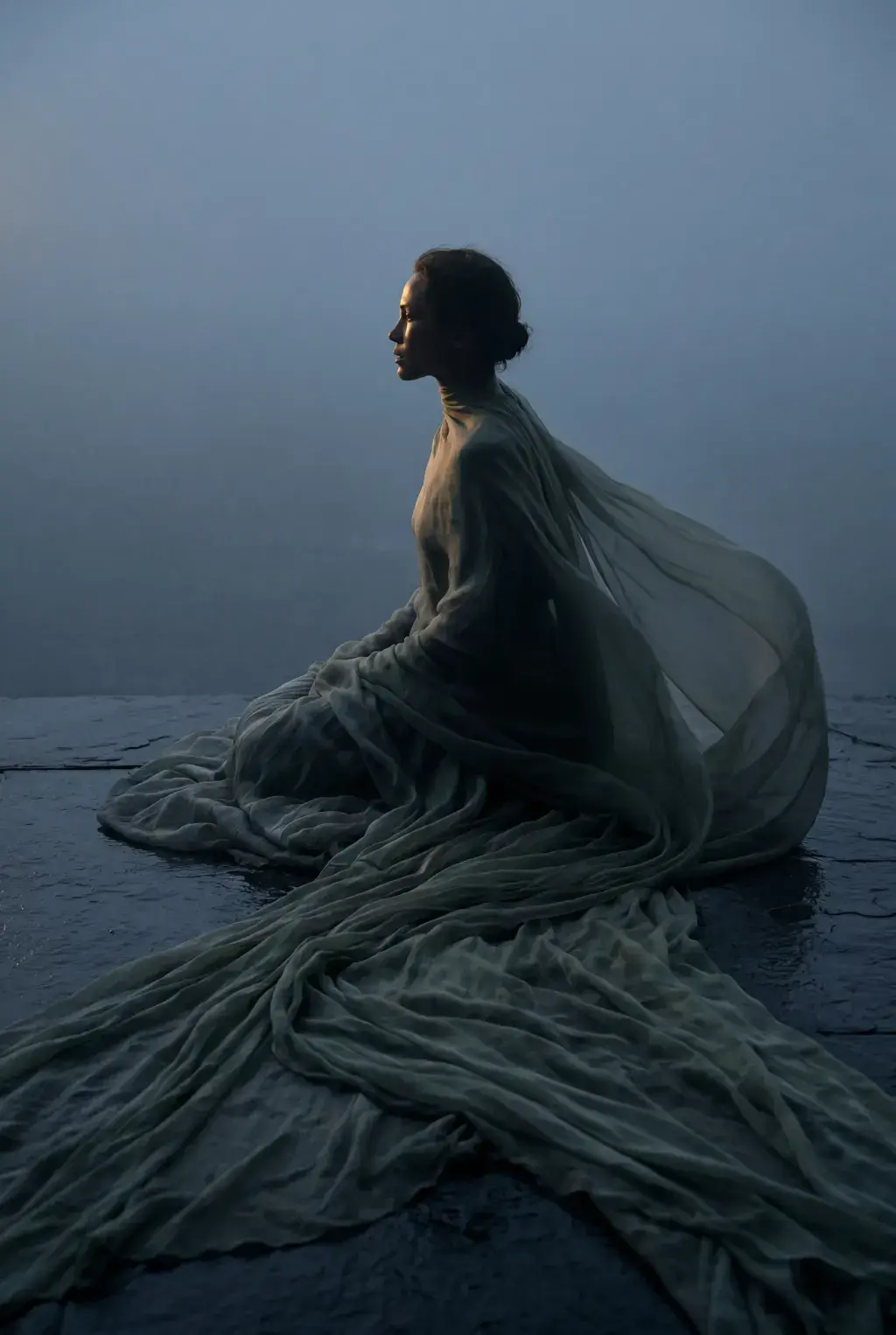 Femme assise sur rocher dans l'eau – voile gaze gris étalé, brume, lac nocturne, sérénité