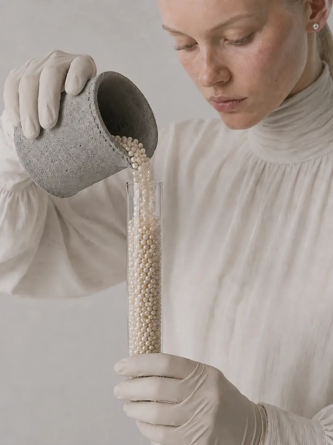 Femme aux gants blancs versant des perles d'un pot en béton dans un tube de verre