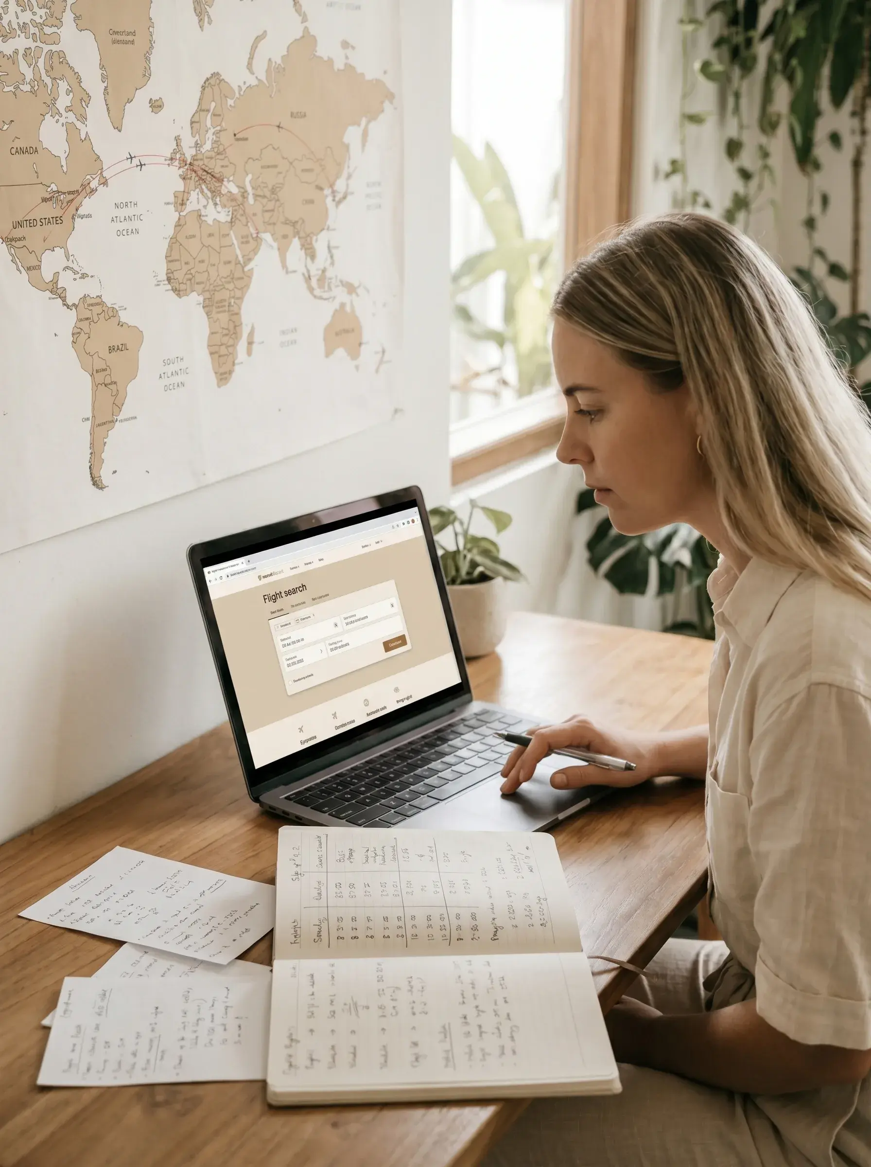 Femme blonde concentrée sur laptop avec site de recherche de vols, carnets de notes manuscrits ouverts et carte du monde scratch, plantes, fenêtre