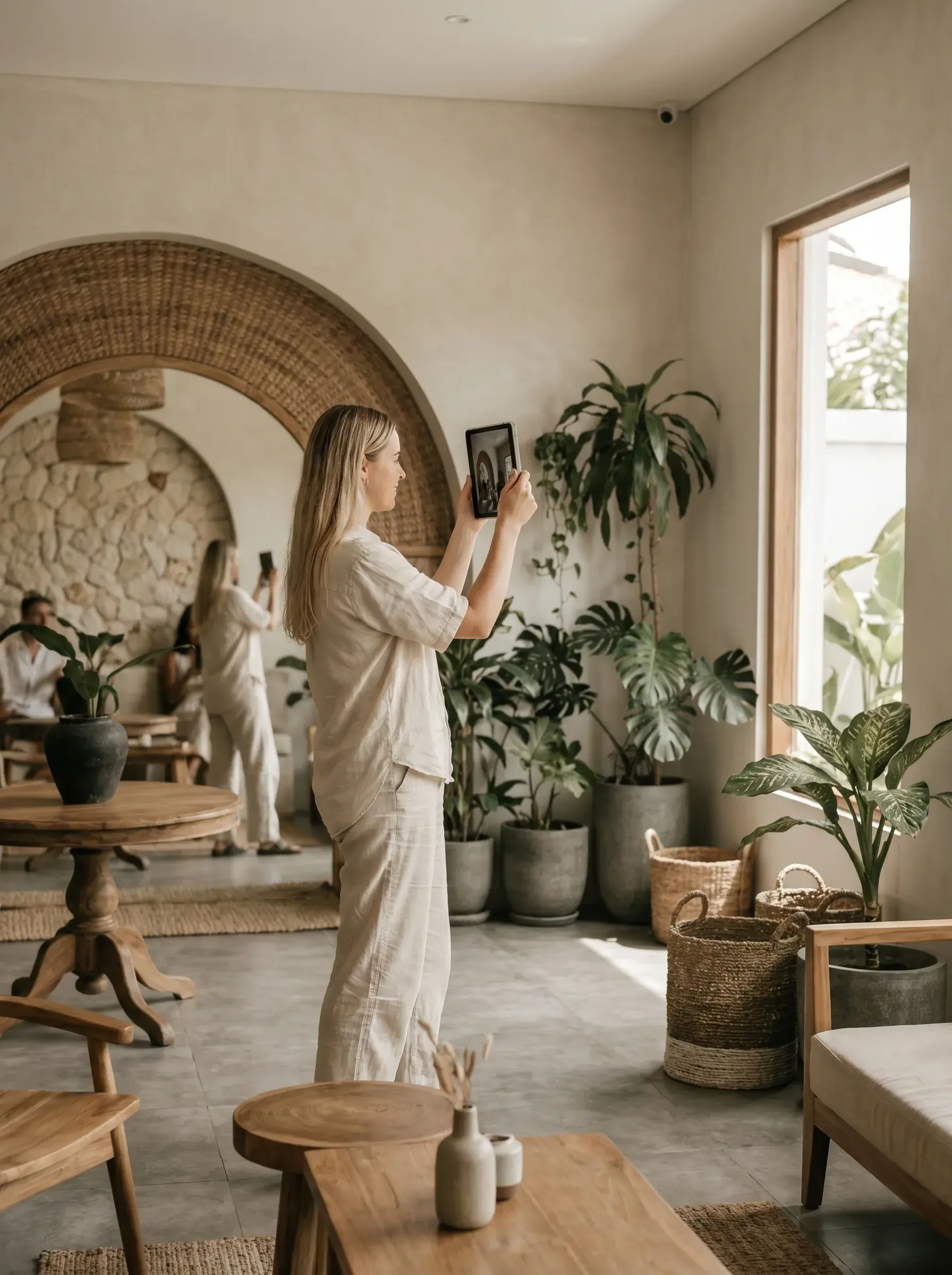 Femme blonde en tenue lin photographiant l'intérieur d'un espace café balinais avec tablette, arche en pierre, plantes tropicales