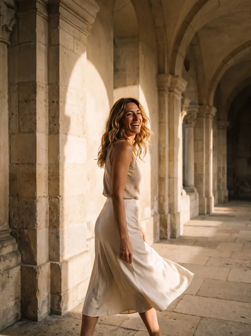 Femme blonde marchant sous des arcades en pierre au coucher du soleil
